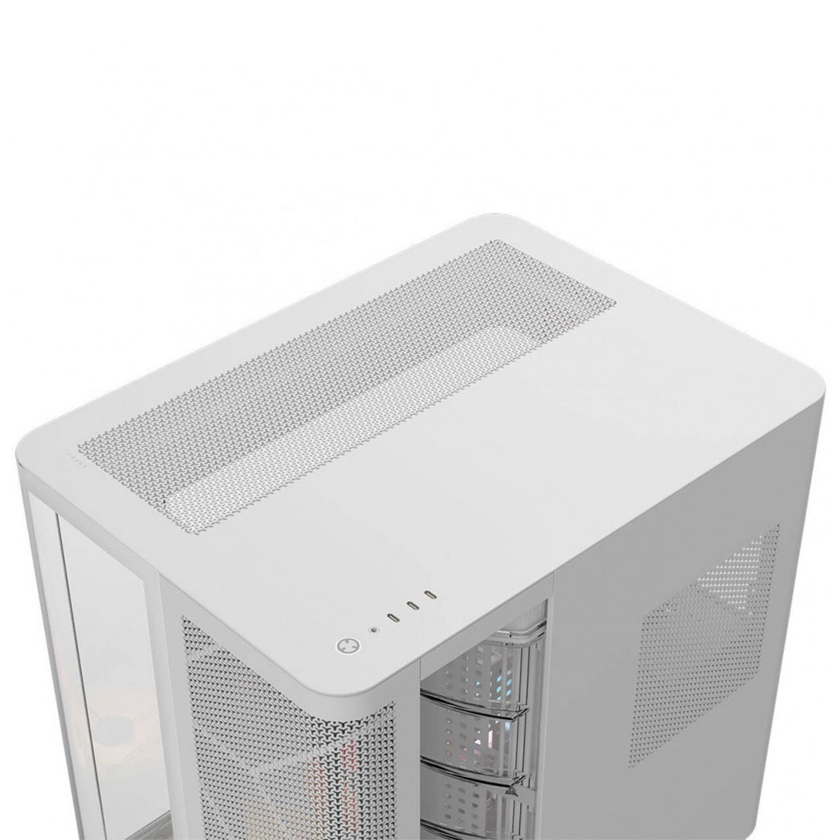 Beyaz bilgisayar kasası, cam ön panel ve üstte havalandırma ızgarası.