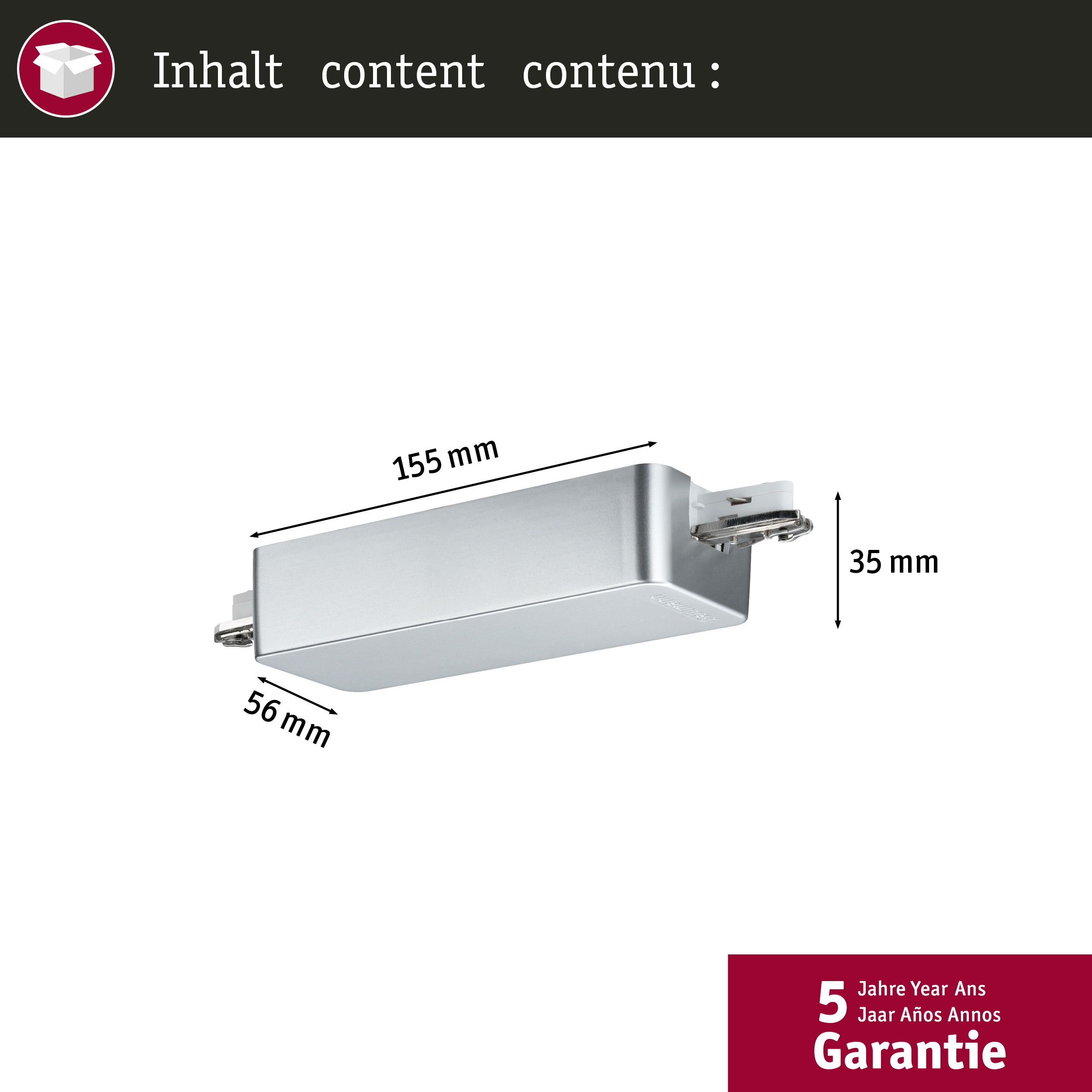 Ein silbernes Bauteil mit Maßen 155 mm x 56 mm x 35 mm. 5 Jahre Garantie.