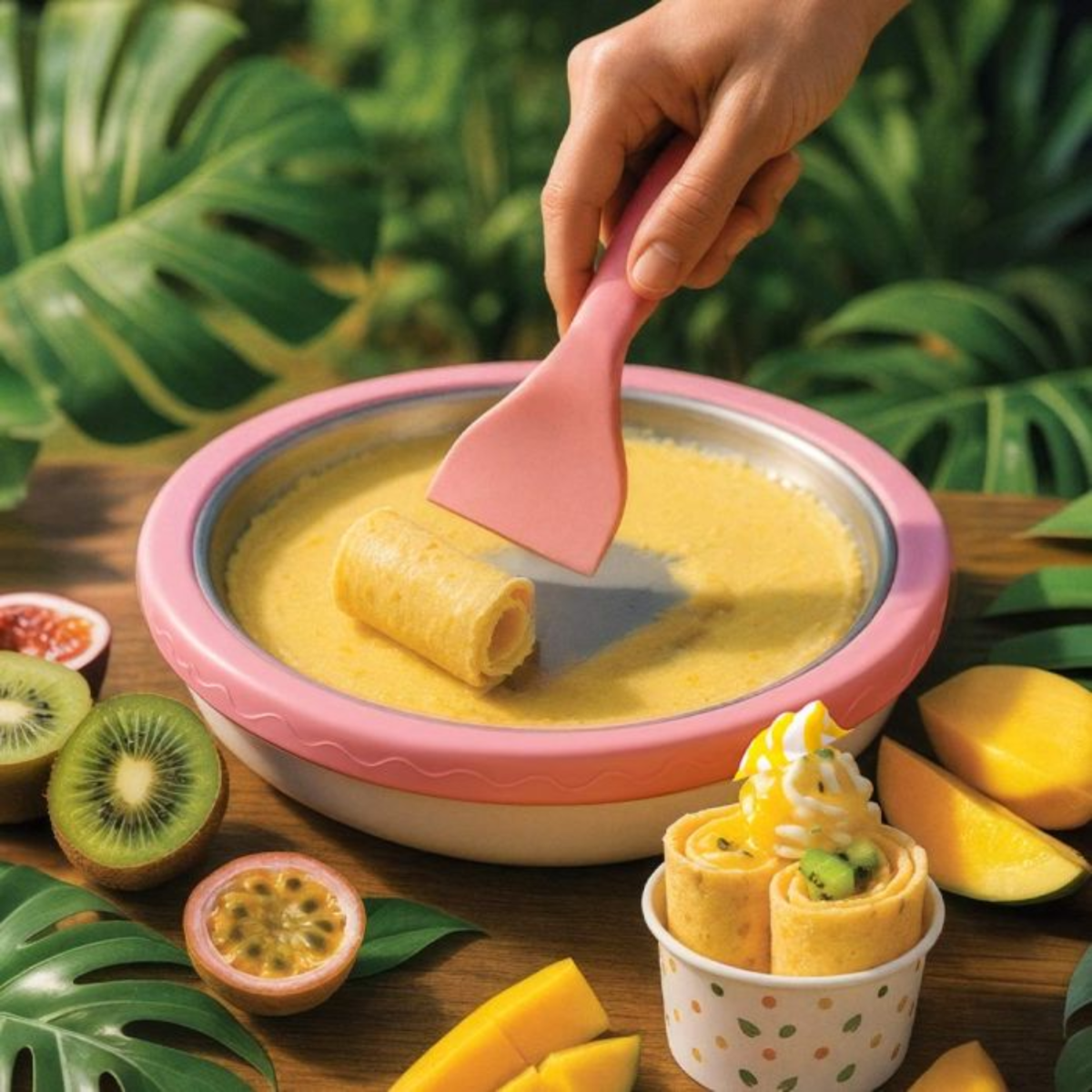 Een hand rolt ijs met spatel op bevroren pan met fruit eromheen.