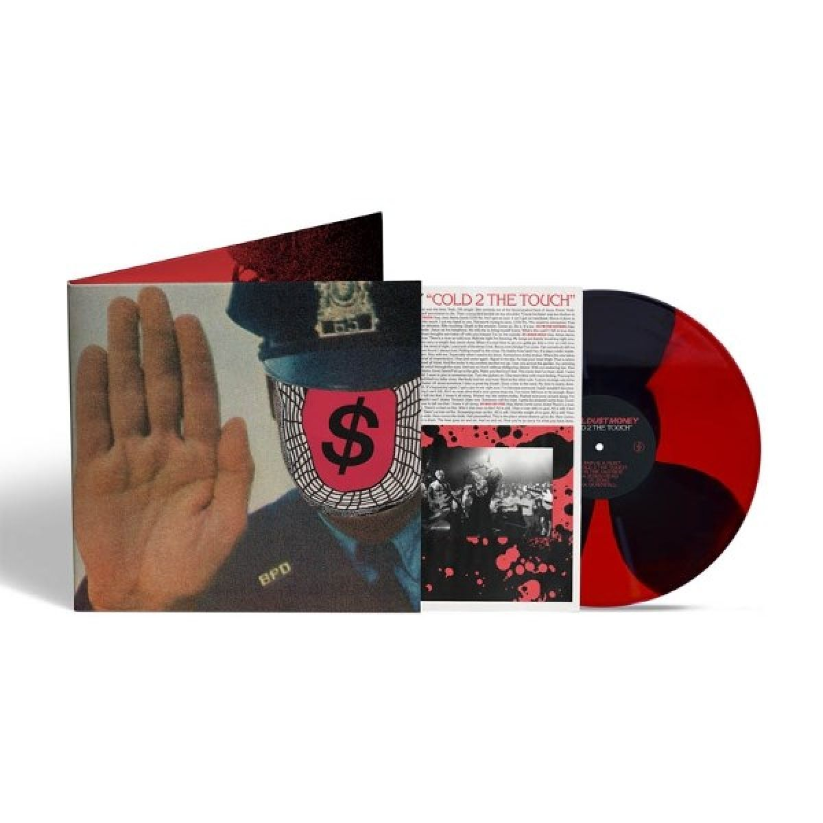 Disco in vinile rosso e nero con copertina raffigurante poliziotto con maschera dollaro.