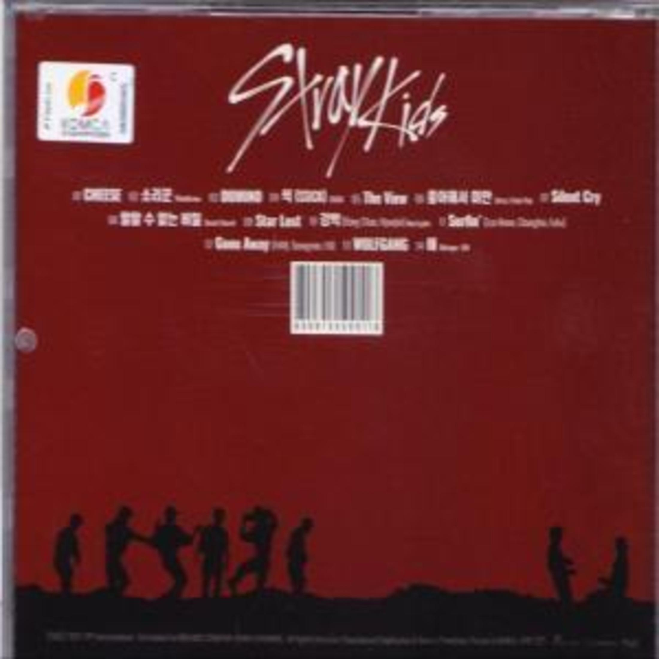 Logo Stray Kids su sfondo rosso scuro con titoli di canzoni e silhouette di persone.