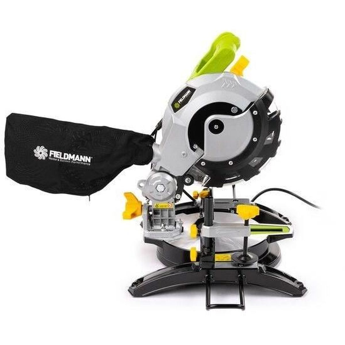 Eine Stand-Kapp-und-Gehrungssäge mit grauem Gehäuse, grünem Griff und schwarzem Staubbeutel.