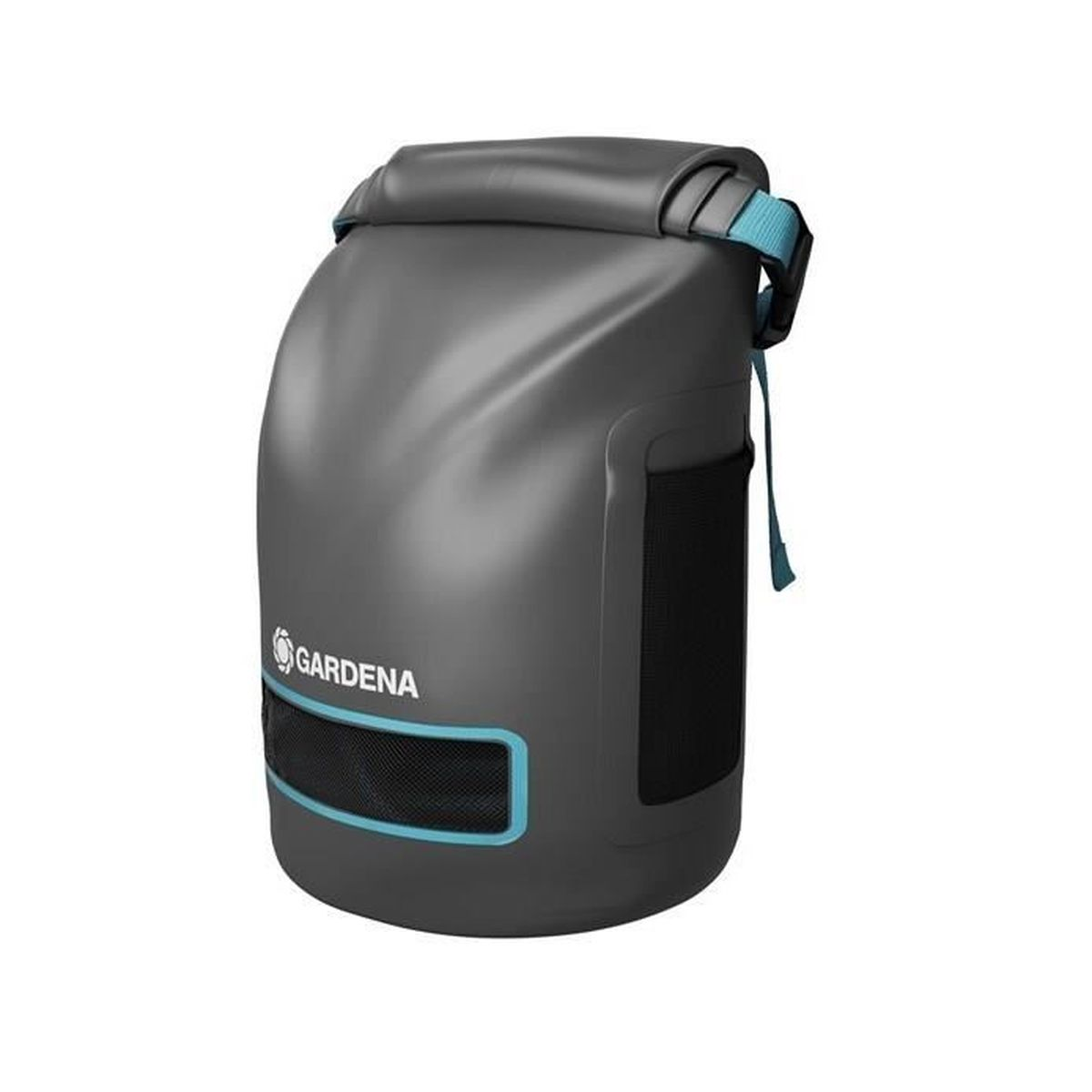 Grauer Gardena Rucksack mit blauen Akzenten und Netzfächern.