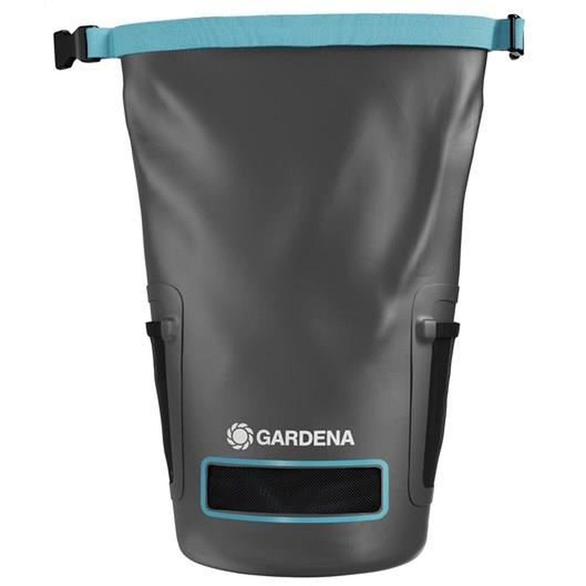 Graue wasserdichte Tasche mit blauem Band und Gardena-Logo.