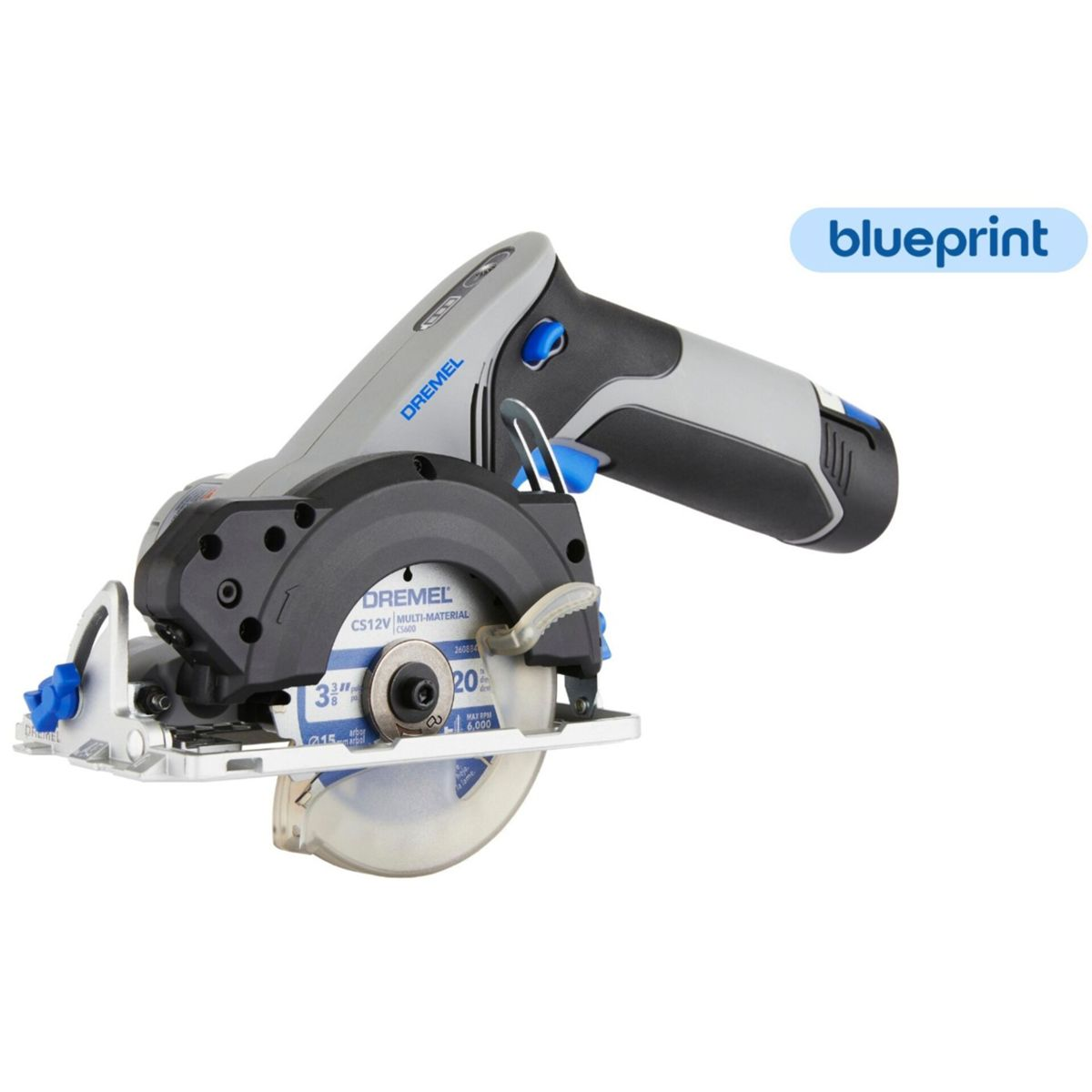 Ein grauer und schwarzer Dremel Akku-Kreissäge mit blauem Griff und Blatt.