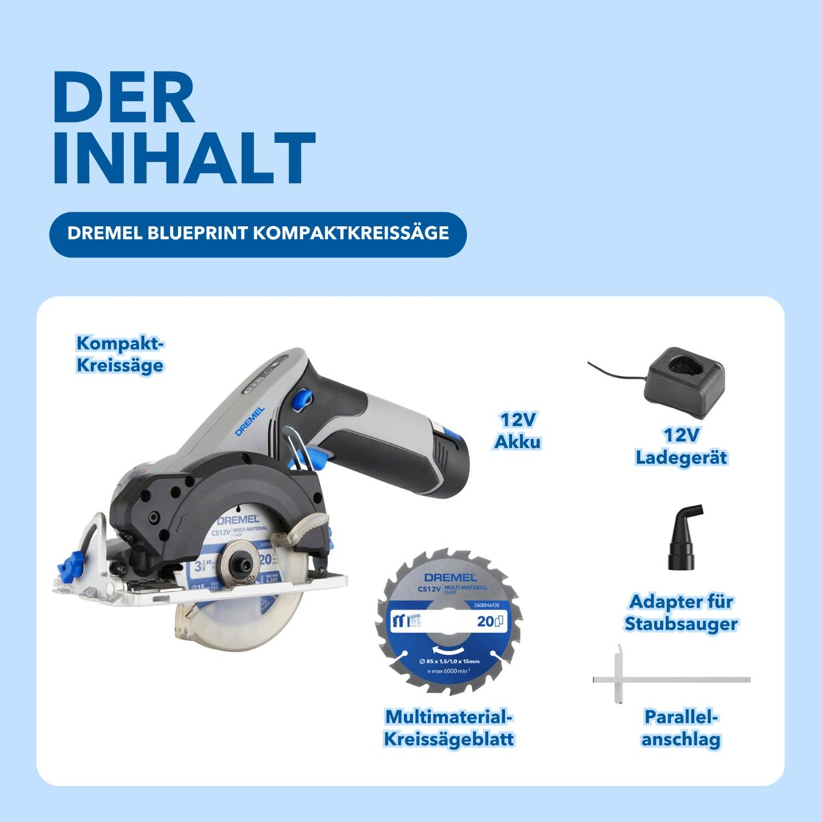 Dremel Kompaktkreissäge mit Zubehör: Akku, Ladegerät, Sägeblatt, Staubadapter, Anschlag.