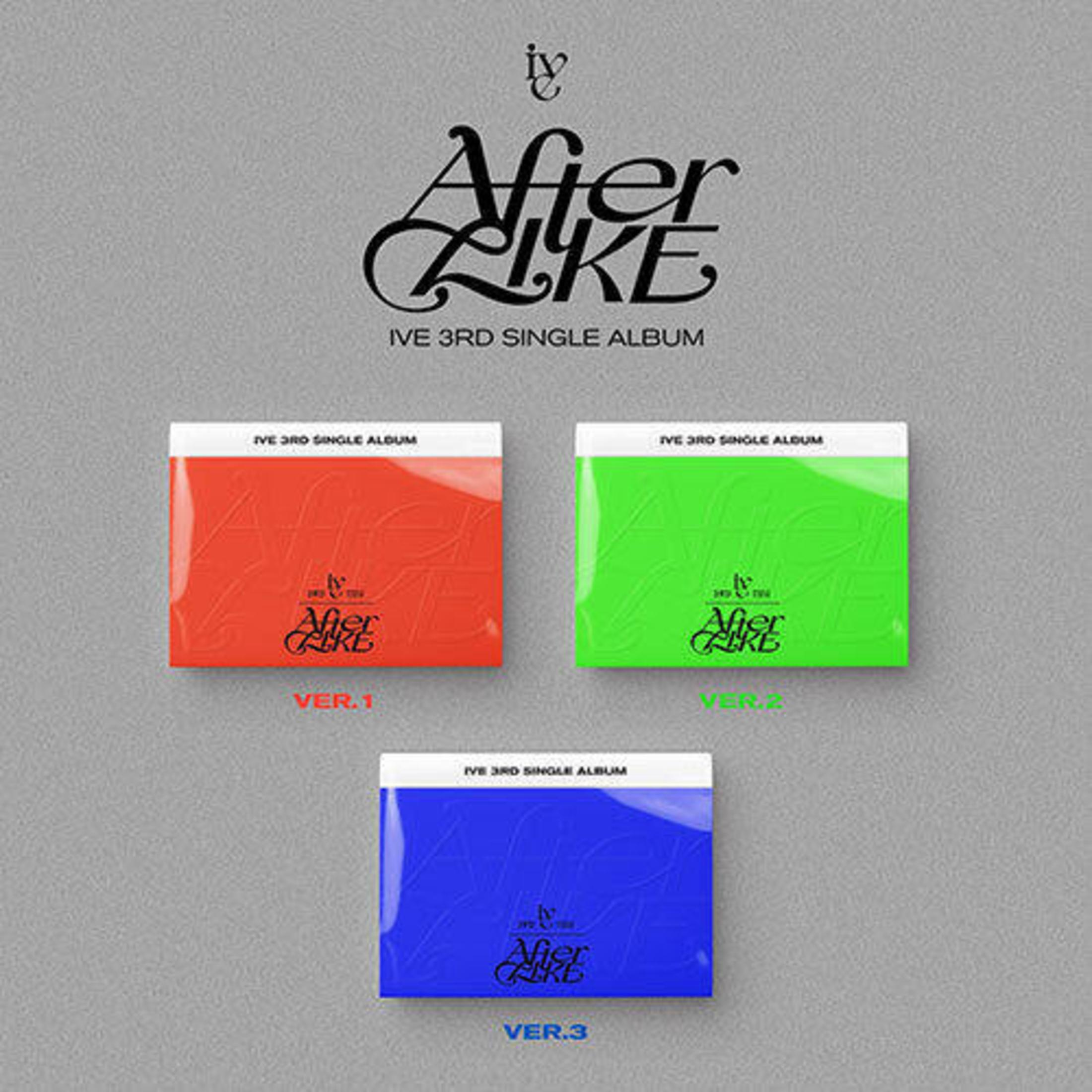 Drie IVE 'After LIKE' single album versies: rood (Ver.1), groen (Ver.2), blauw (Ver.3).