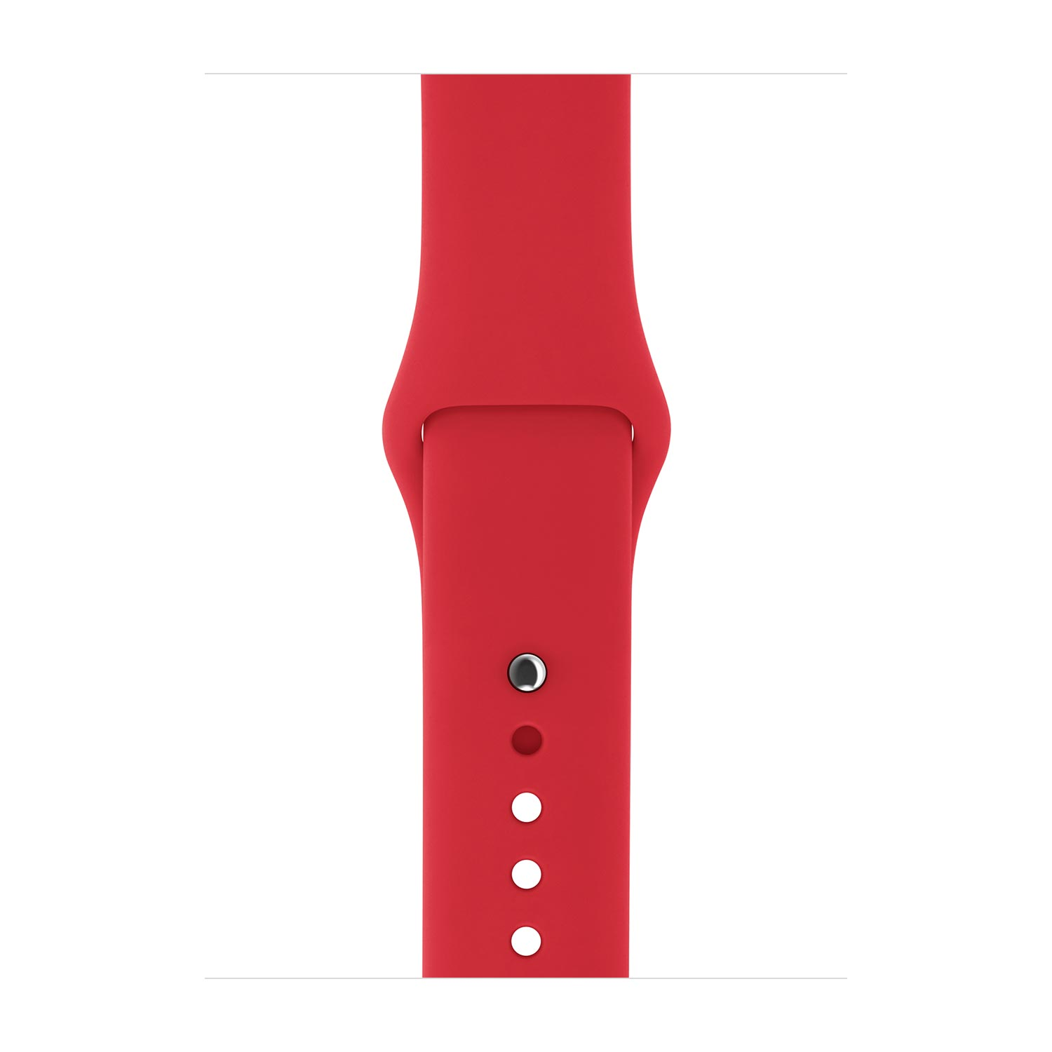 Een rood horlogebandje met vier knopen en een oogje.