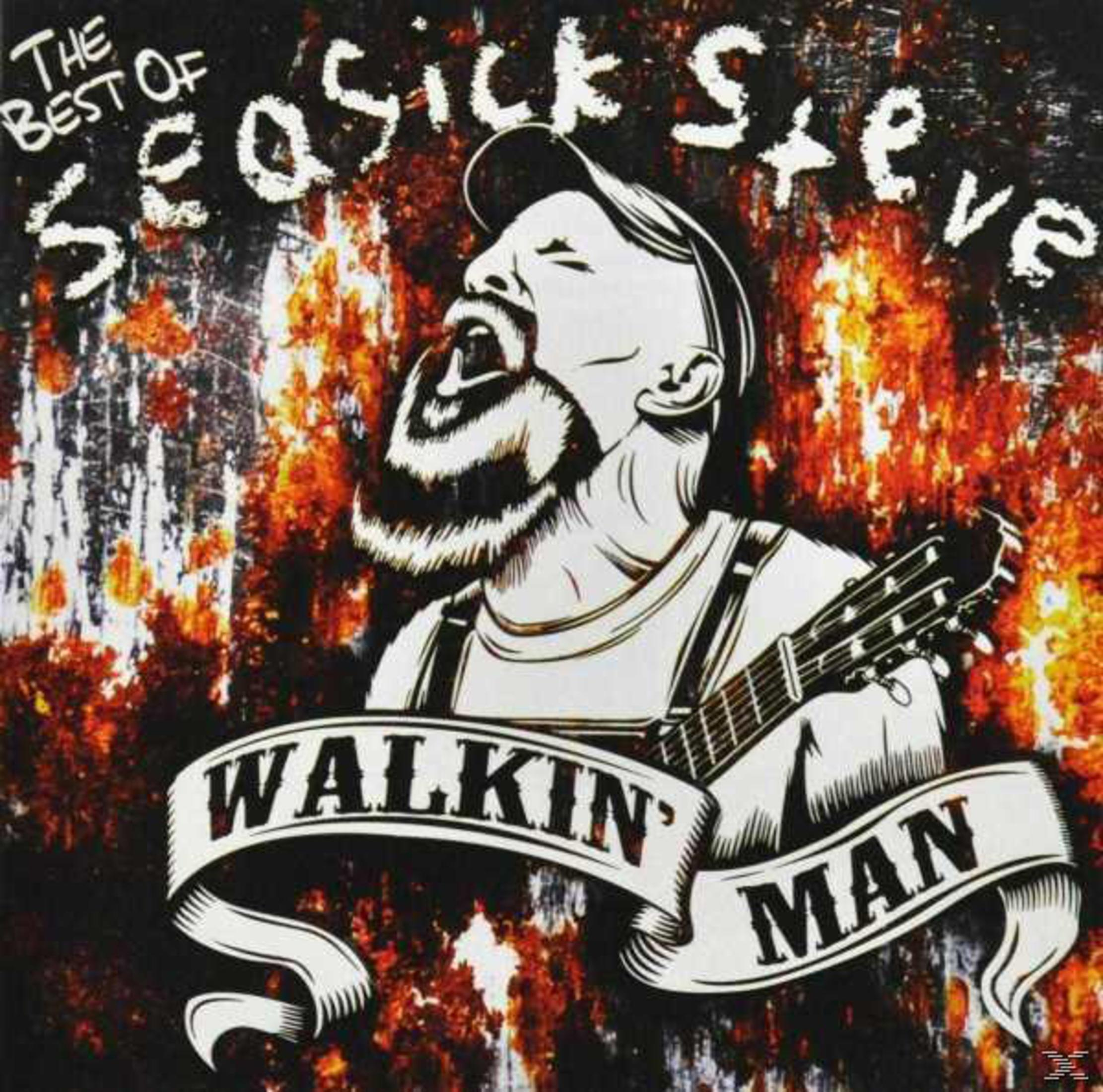 Illustrazione di un uomo con barba e chitarra; "The Best of Sea Sick Steve Walkin Man".