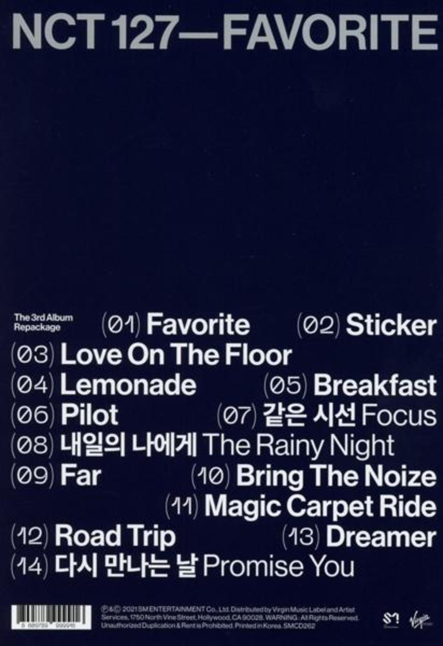 Copertina album con tracklist per NCT 127 - FAVORITE. Sfondo blu scuro.
