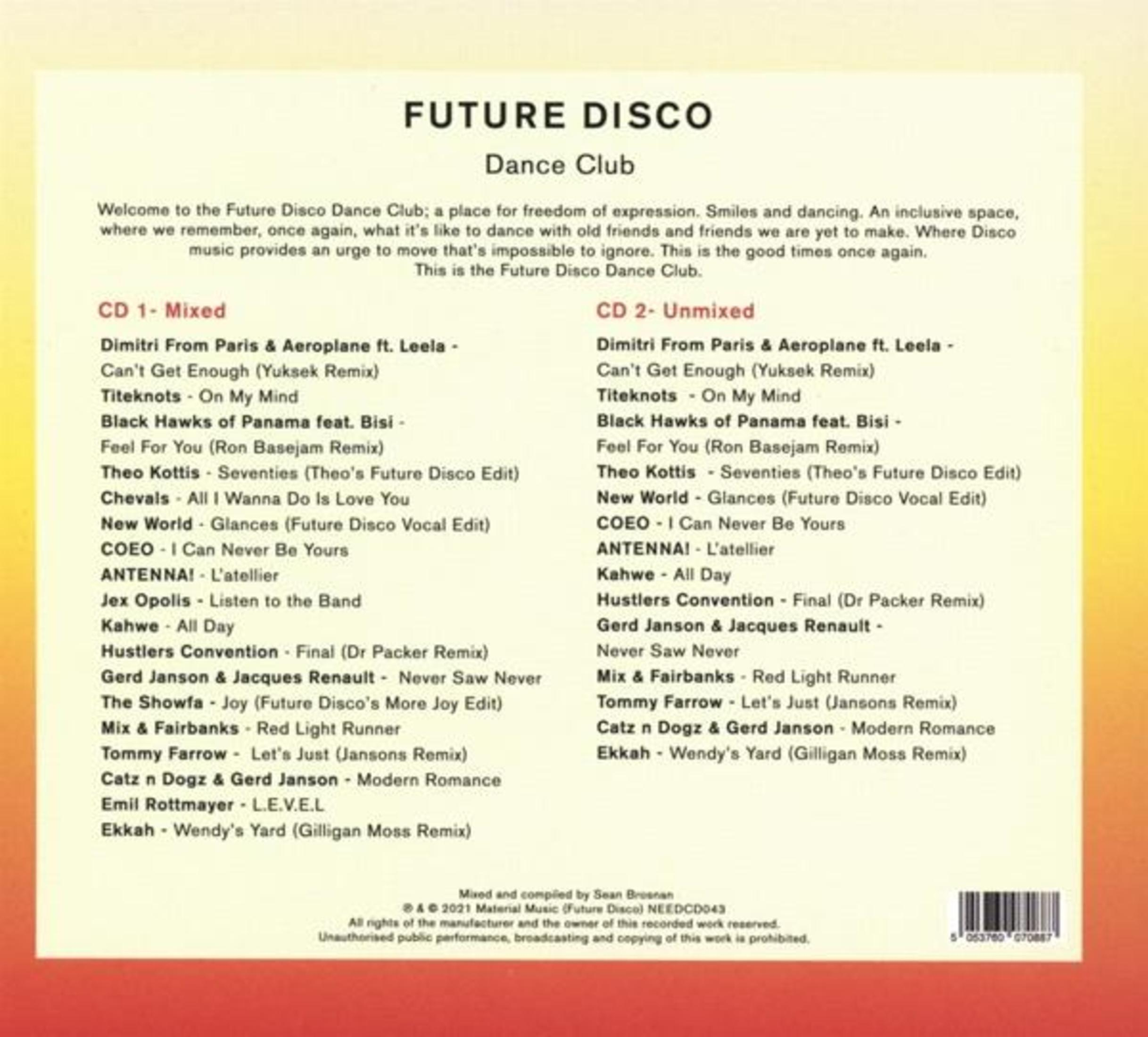 Cover met titel "Future Disco Dance Club". Lijst met CD-tracks, links gemixt, rechts ongemengd.