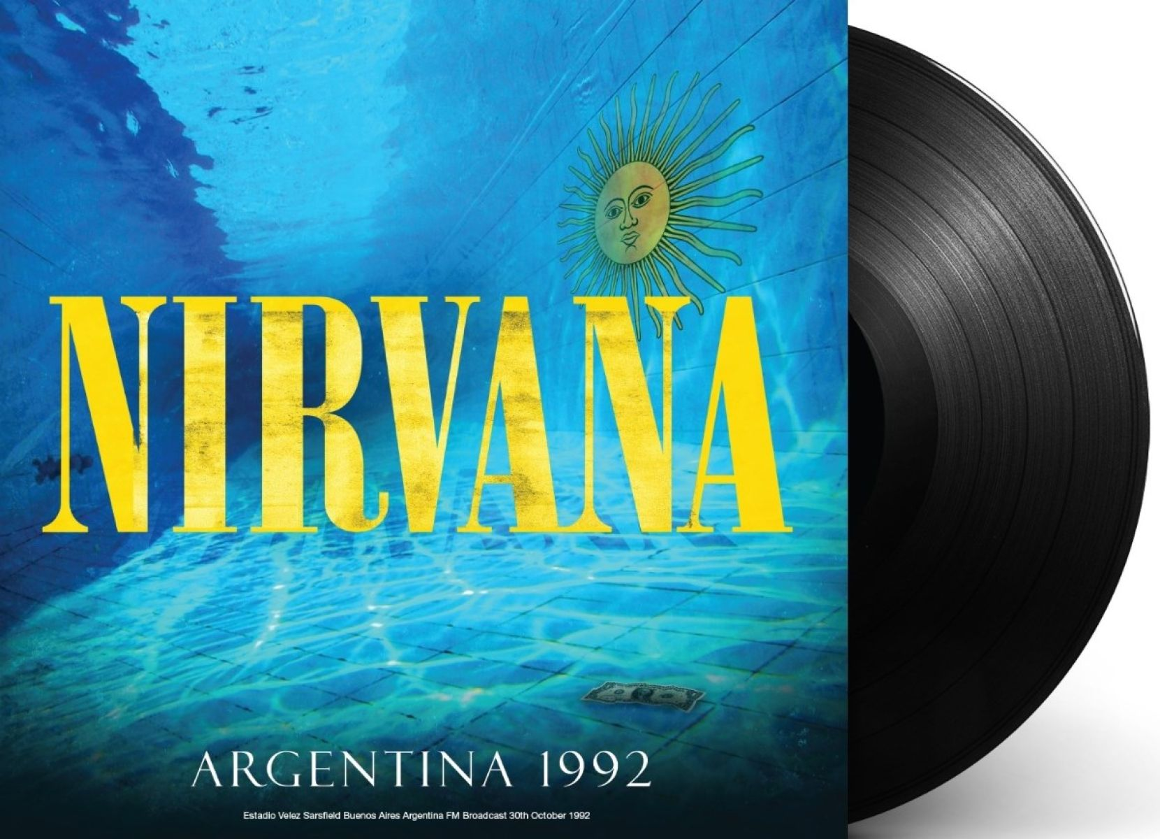 Nirvana albumcover met gele tekst boven blauw water. Zonne-symbool rechtsboven.