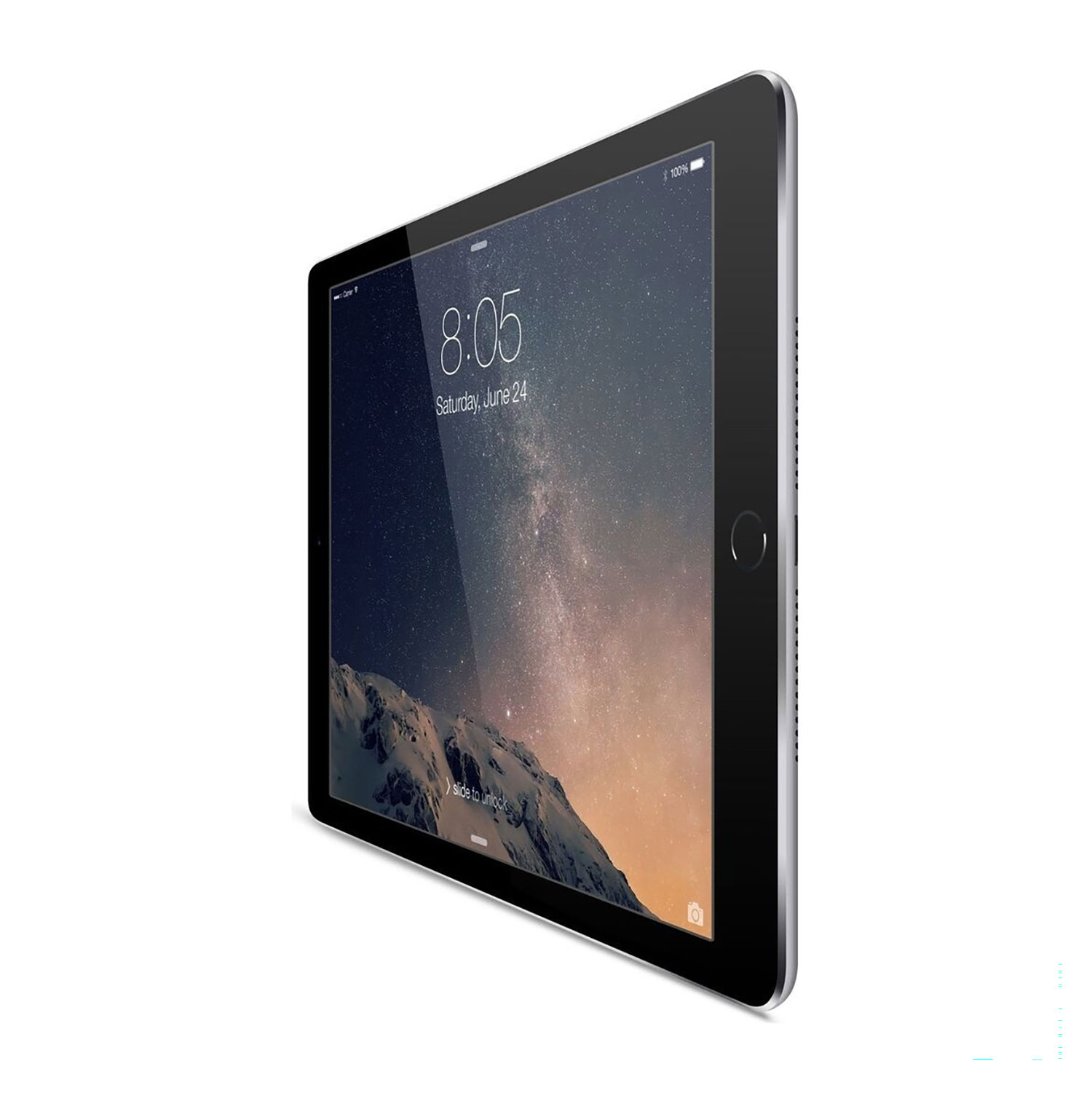 Srebrny tablet wyświetla gwiaździste niebo nad górami. Jest 8:05.