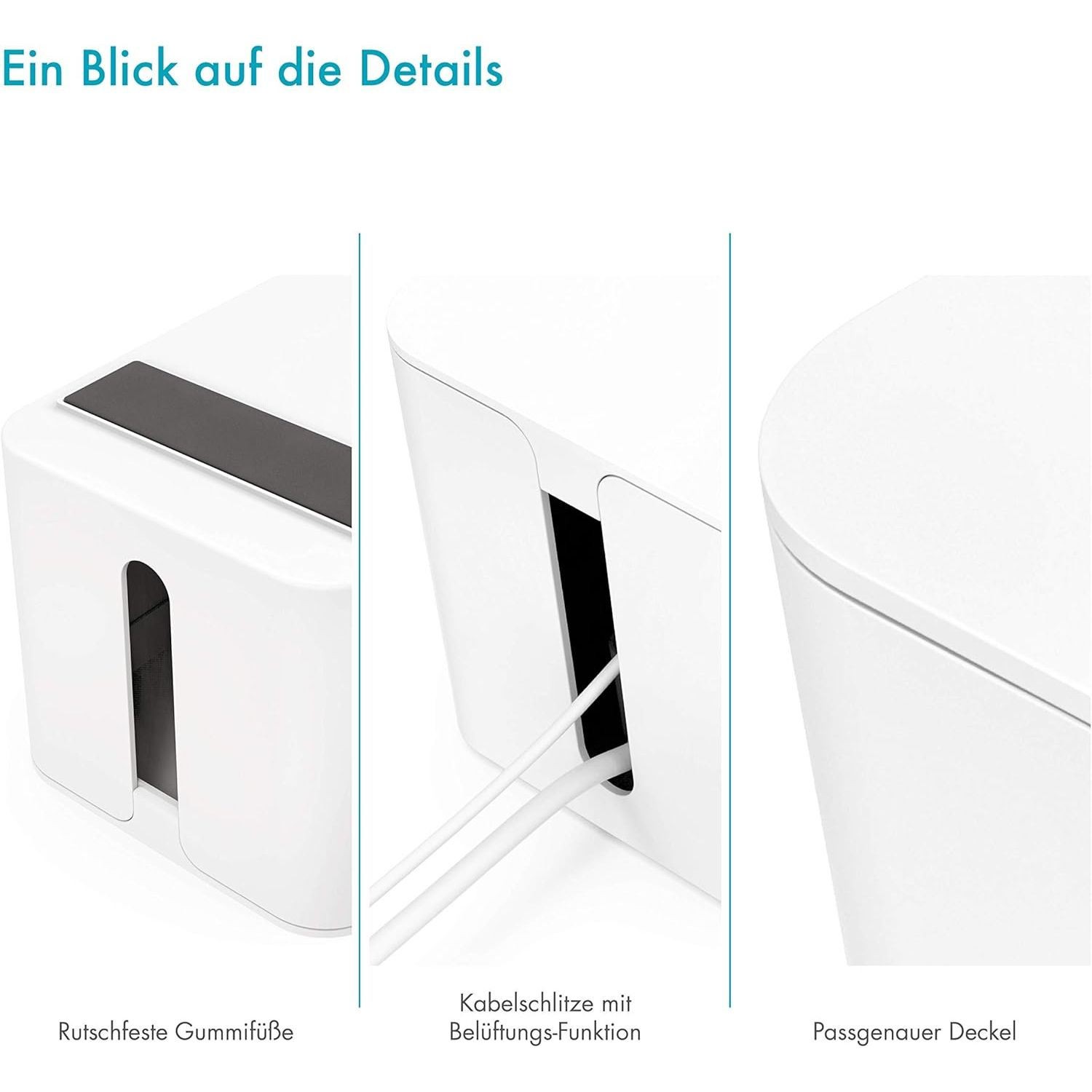 Weiße Kabelbox mit Gummi-Füßen, Lüftungsschlitzen und Deckel.