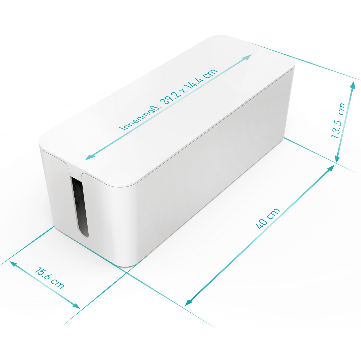 Weiße Kabelbox mit Maßen 40x15,6x13,5 cm und Innenmaßen 39,2x14,4 cm.