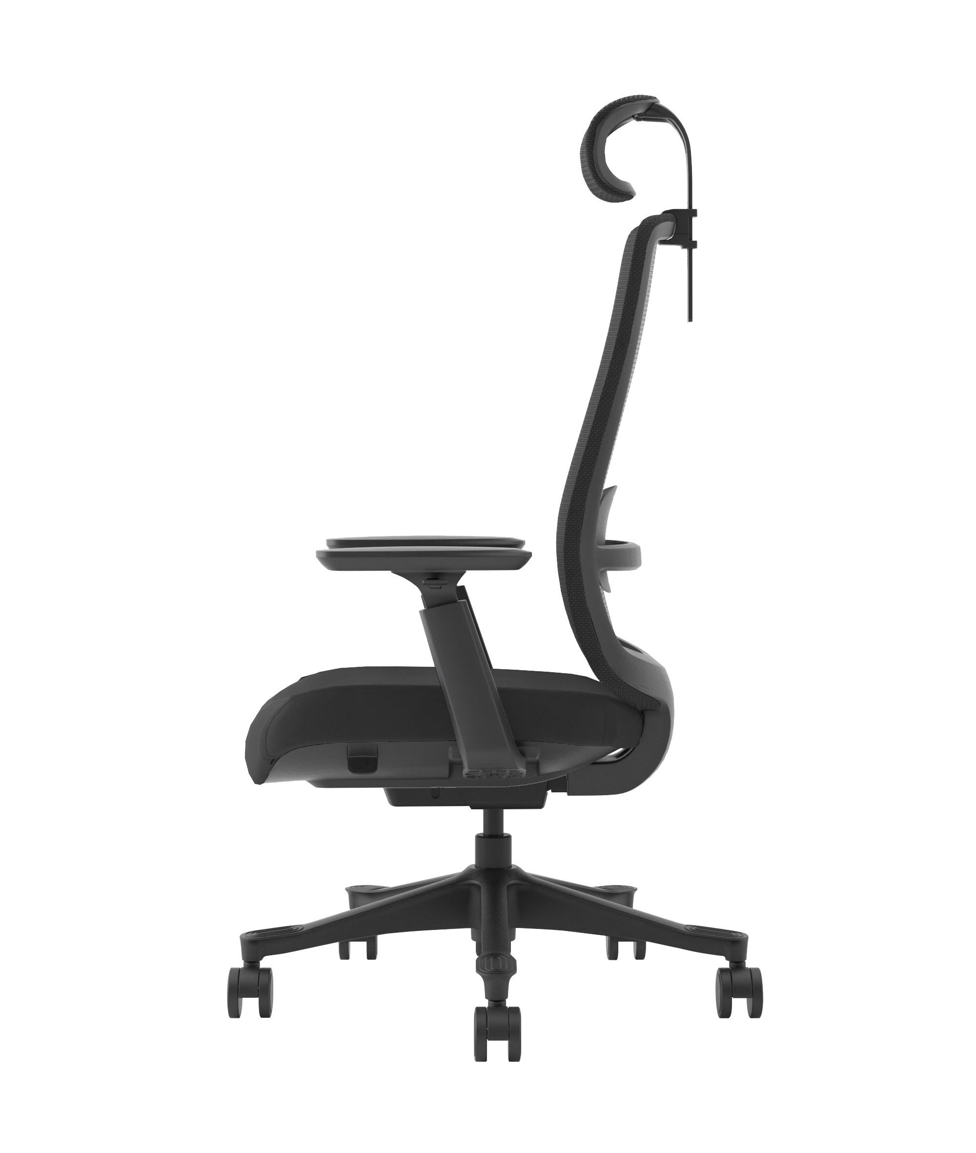 Czarny fotel biurowy z siatkowanym oparciem i regulowanym zagłówkiem.