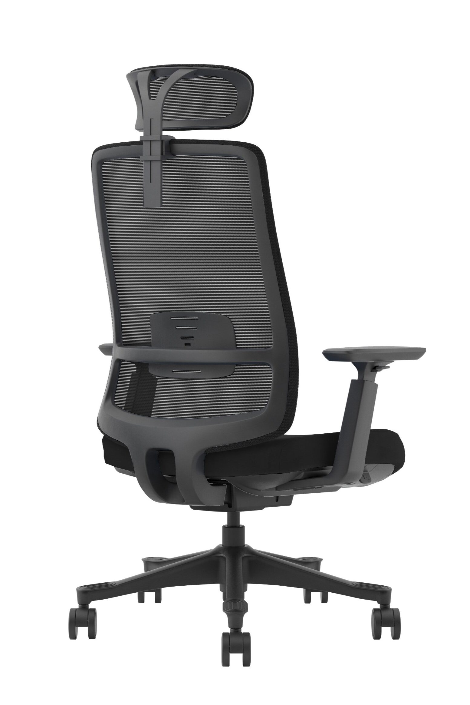 Czarny fotel biurowy z siatkowanym oparciem i regulowanym zagłówkiem.