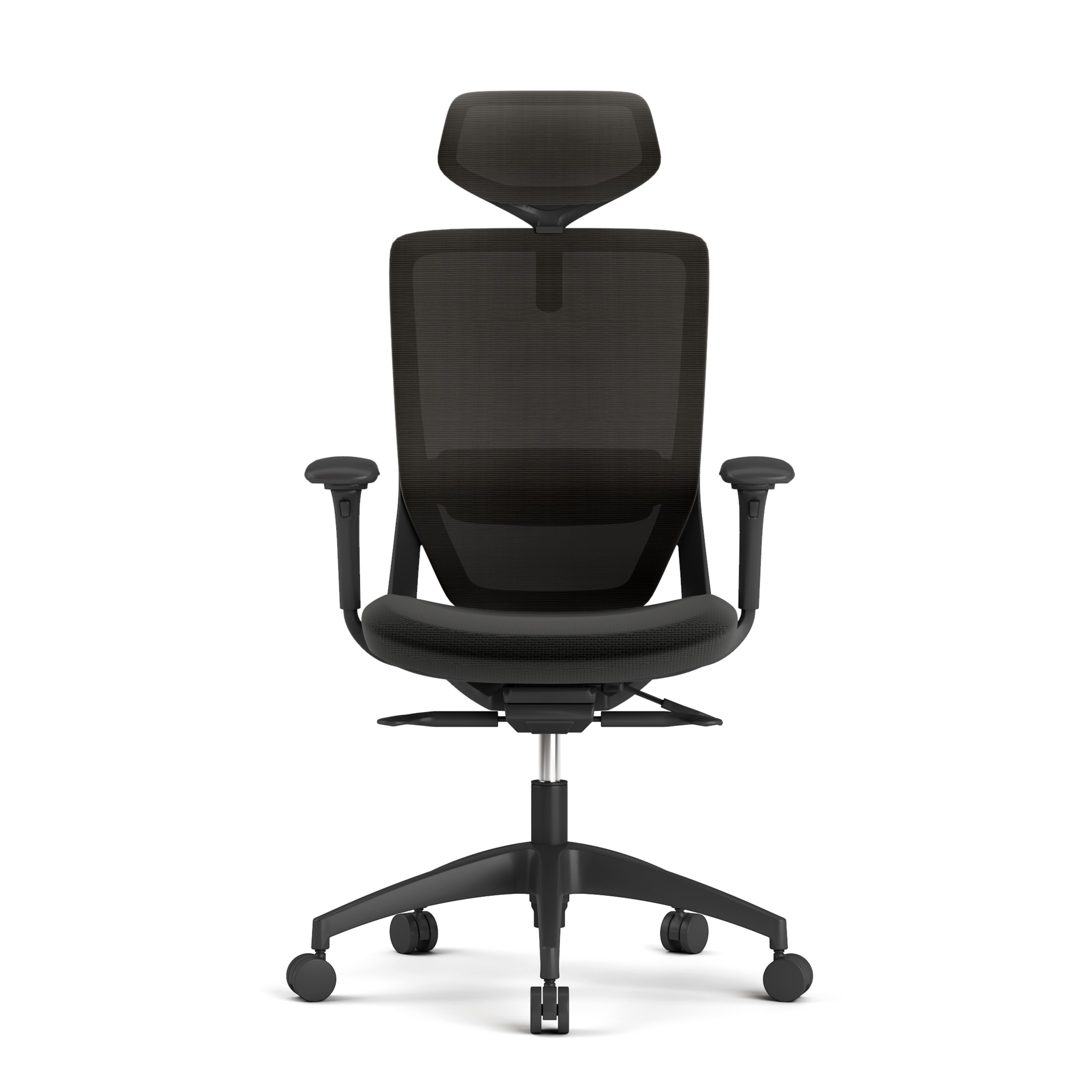 Czarny fotel biurowy z siatkowym oparciem i zagłówkiem, na kółkach.