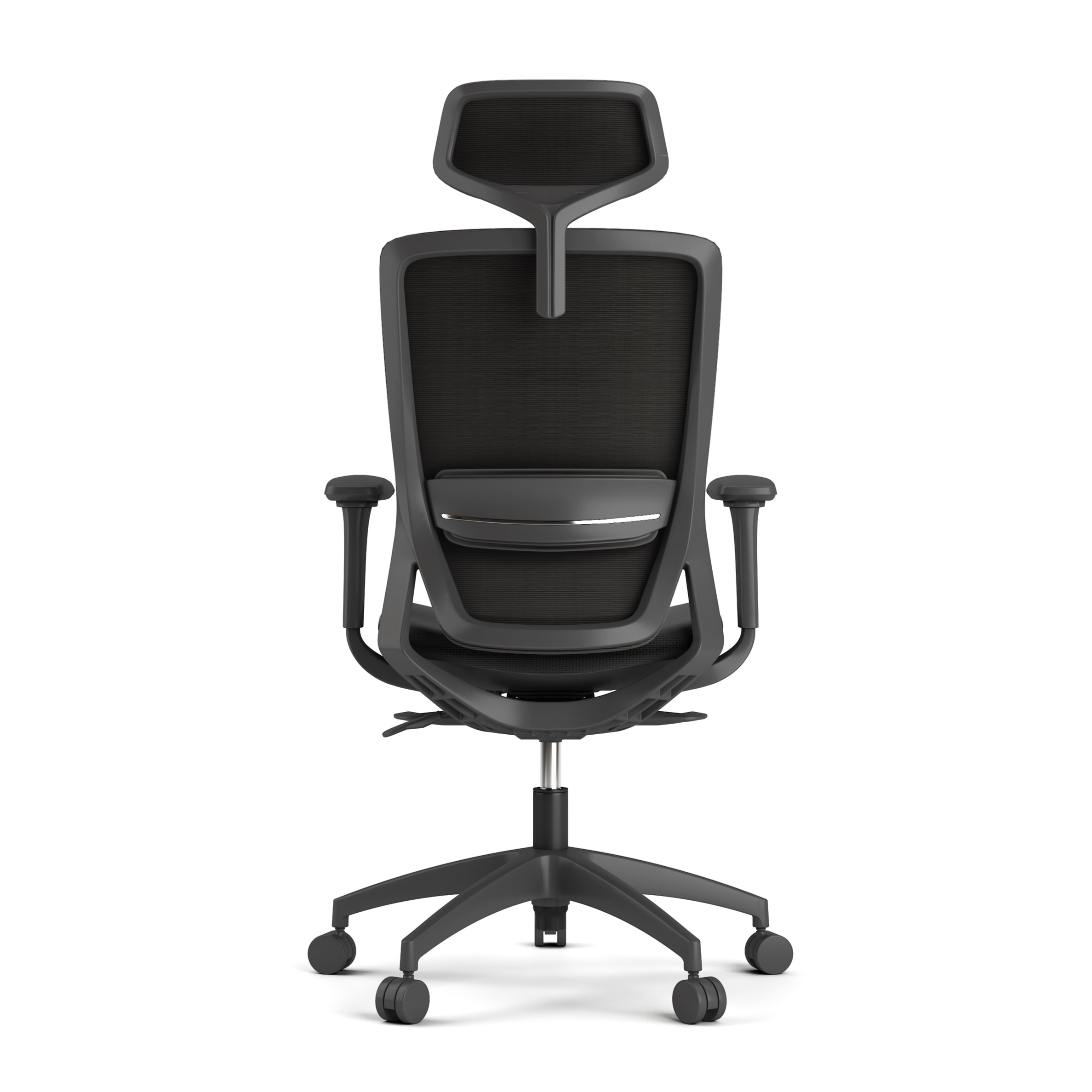 Widok z tyłu czarnego fotela biurowego z siatkowanym oparciem i zagłówkiem.