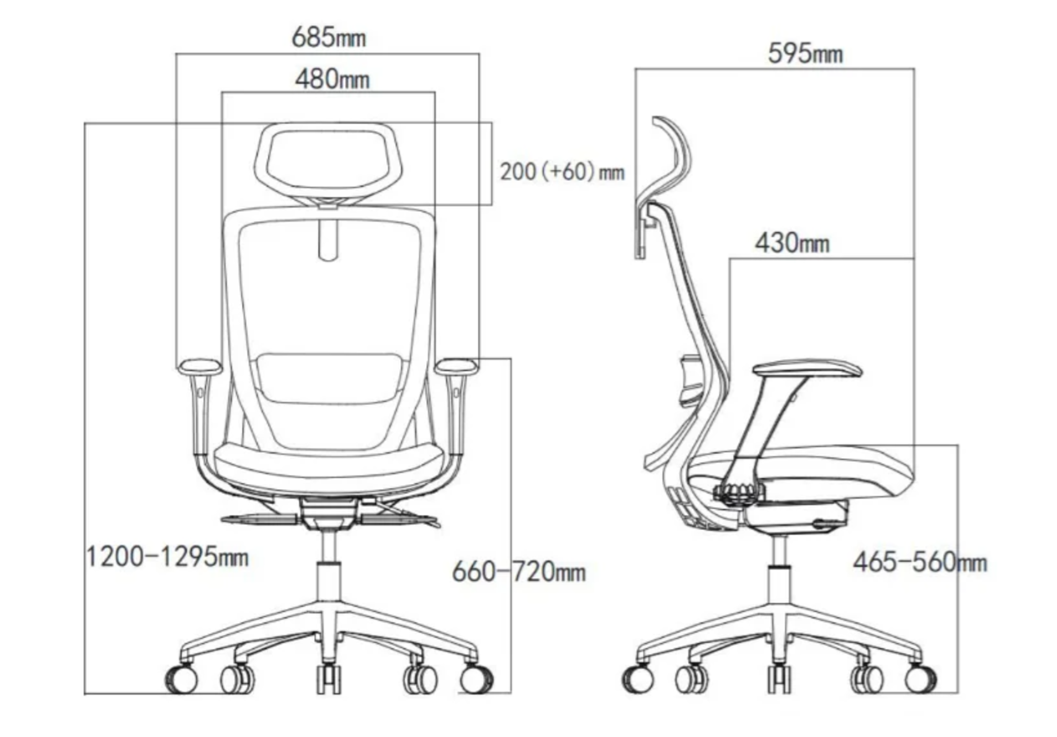 Rysunek techniczny krzesła biurowego z wymiarami.
