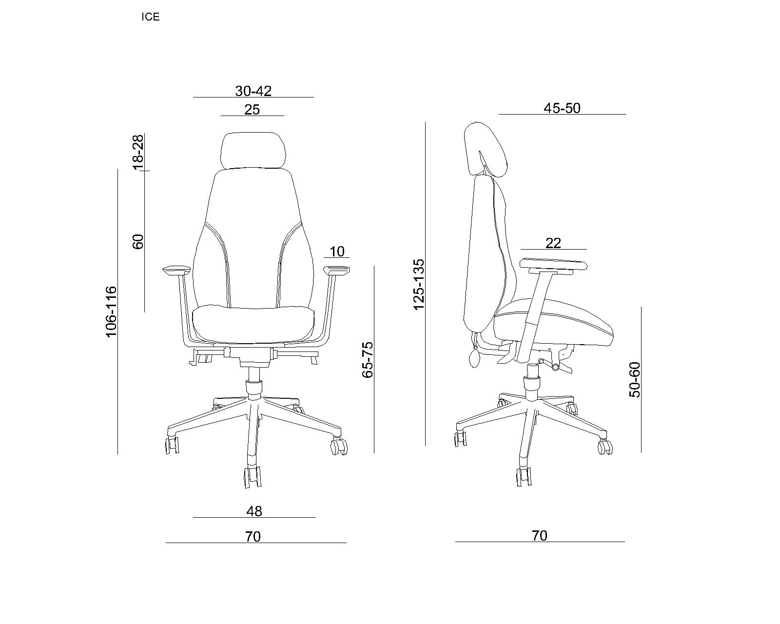 Rysunek techniczny krzesła biurowego z wymiarami wysokości, szerokości i głębokości.