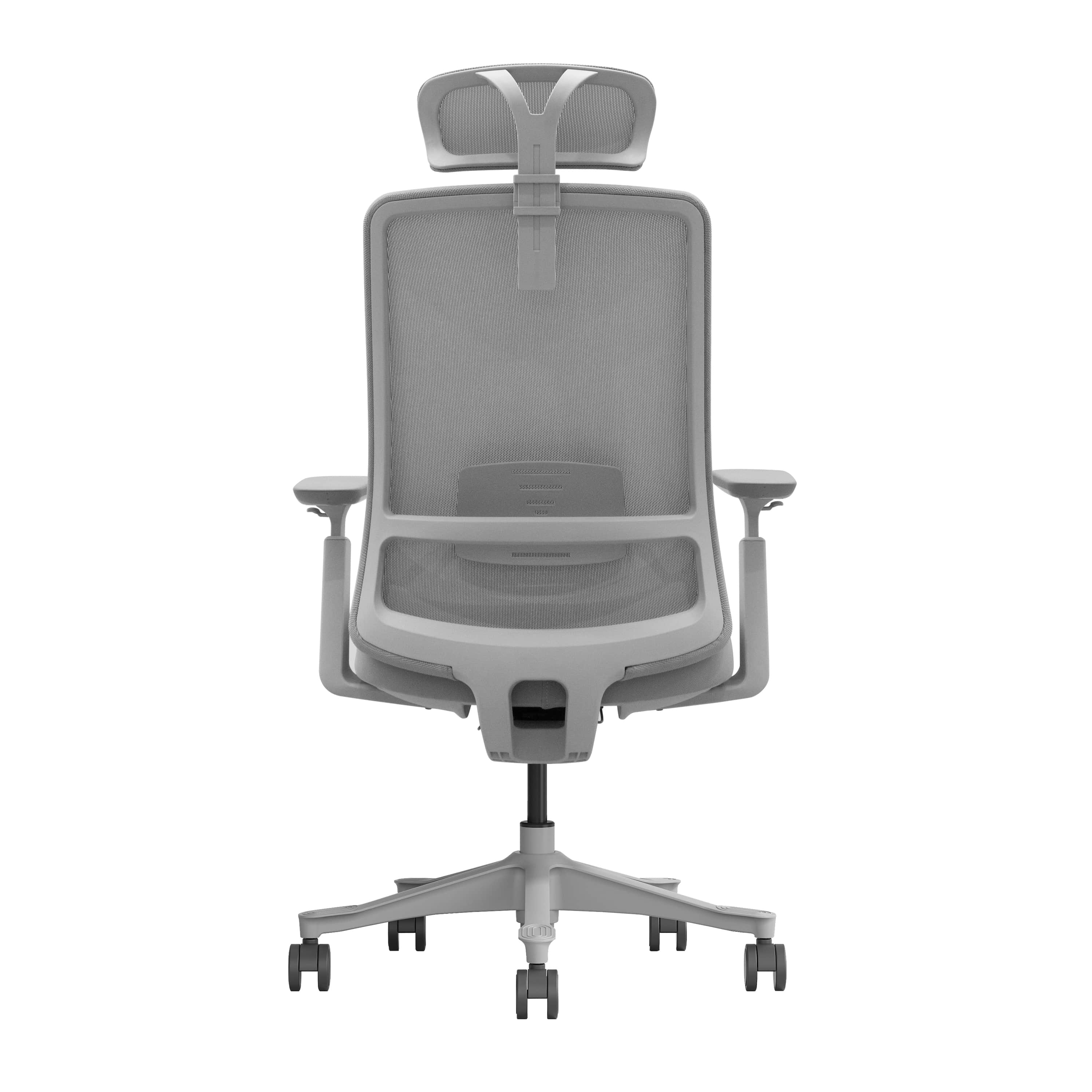 Widok z tyłu szarego krzesła biurowego z siatkowym oparciem i regulowanym zagłówkiem.