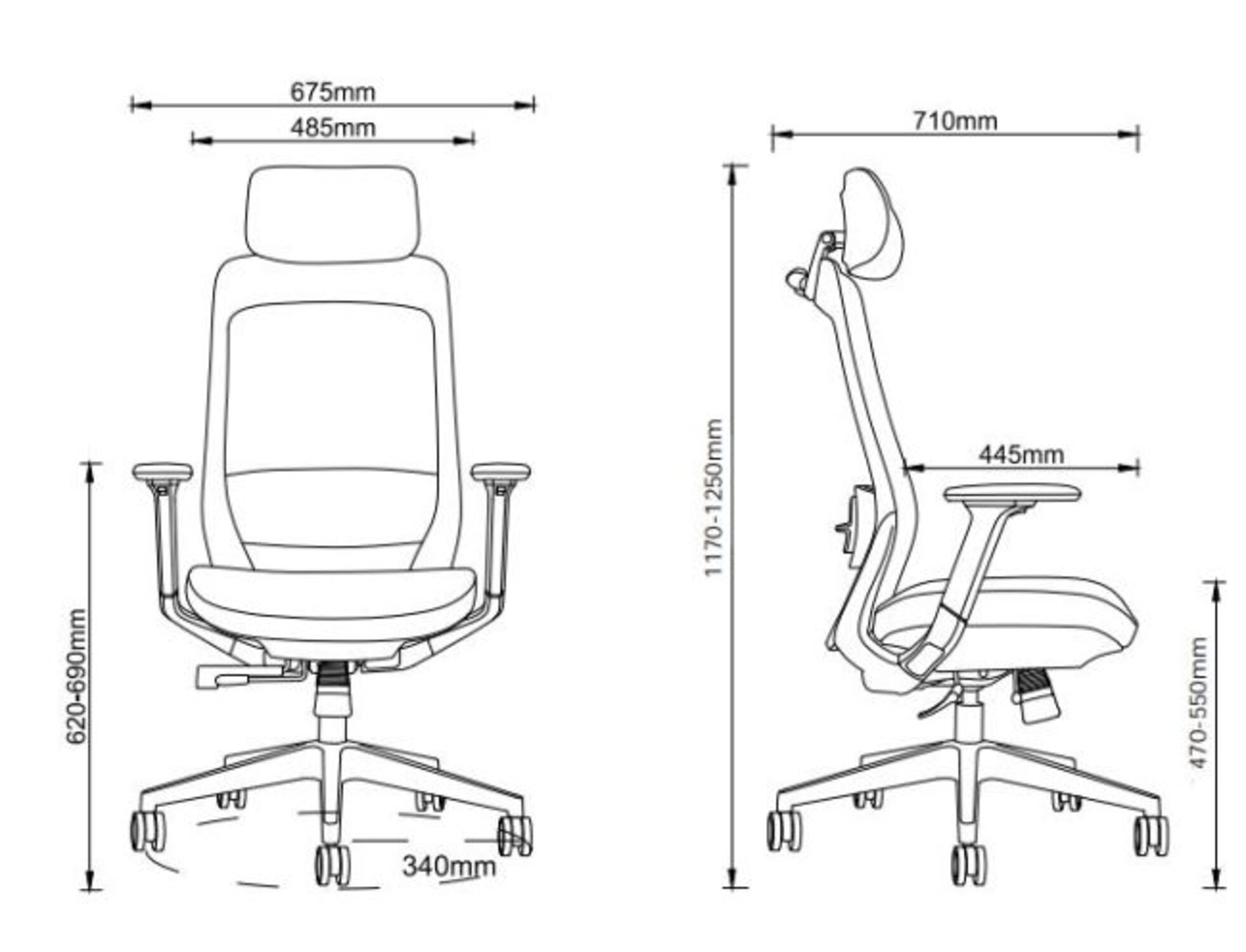 Rysunek techniczny krzesła biurowego z wymiarami.