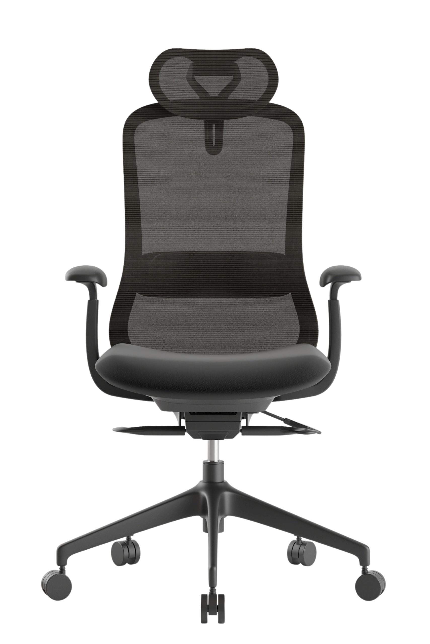 Czarny krzesło biurowe z siatki z zagłówkiem i kółkami.