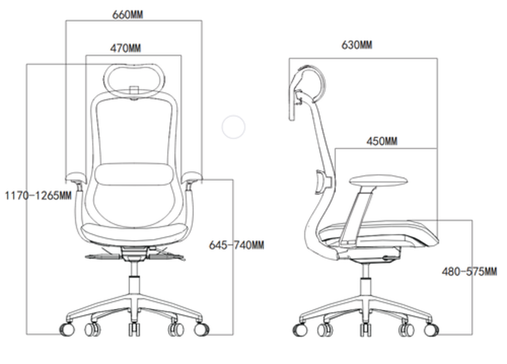 Rysunek techniczny krzesła biurowego z wymiarami wysokości, szerokości i głębokości.