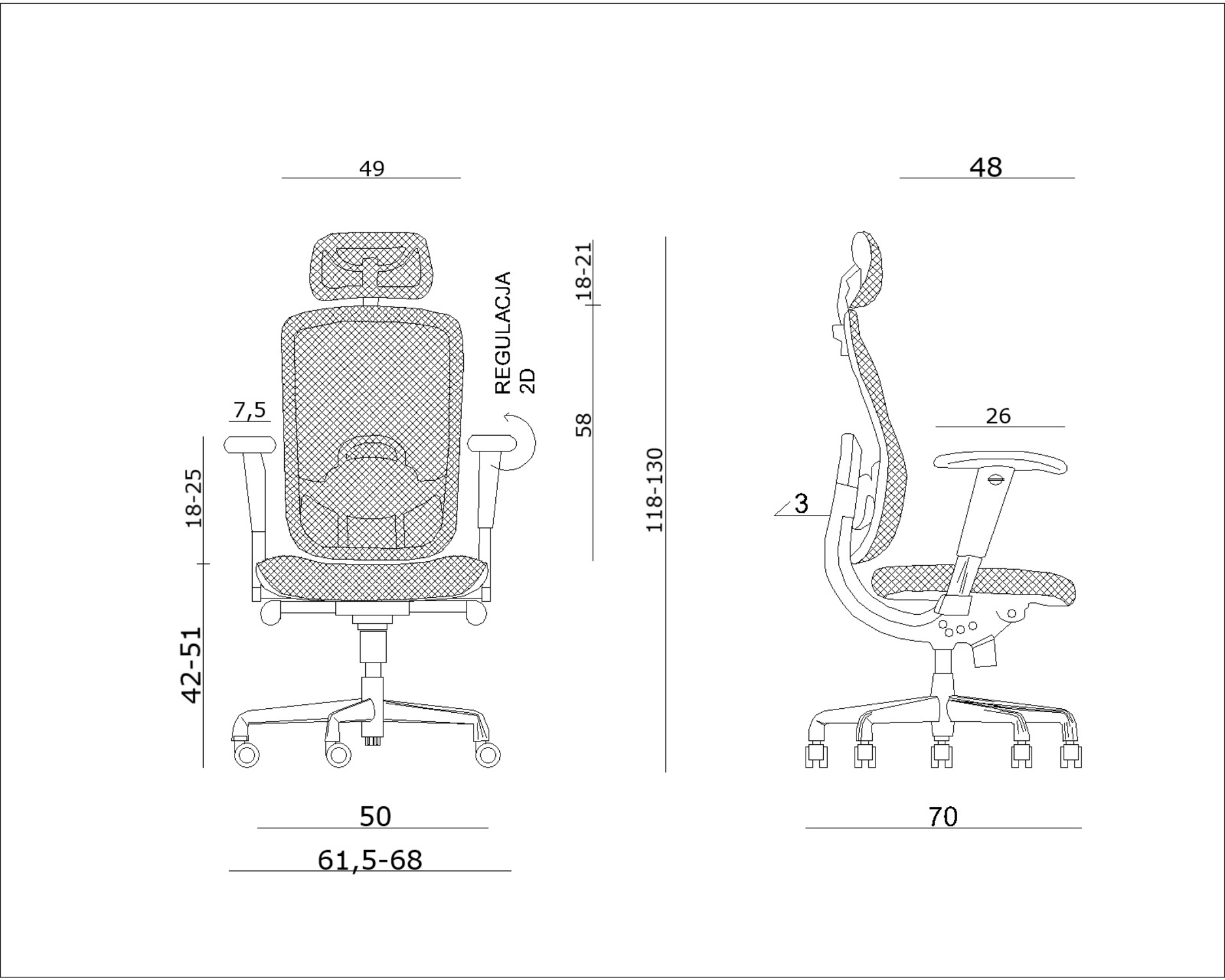Rysunek techniczny krzesła biurowego z wymiarami.