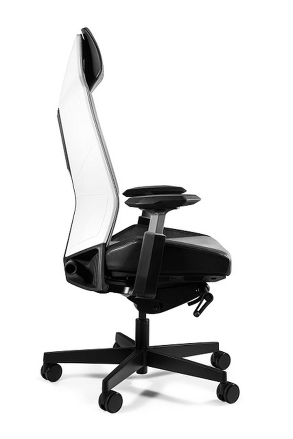 Białe i czarne krzesło biurowe z kółkami.