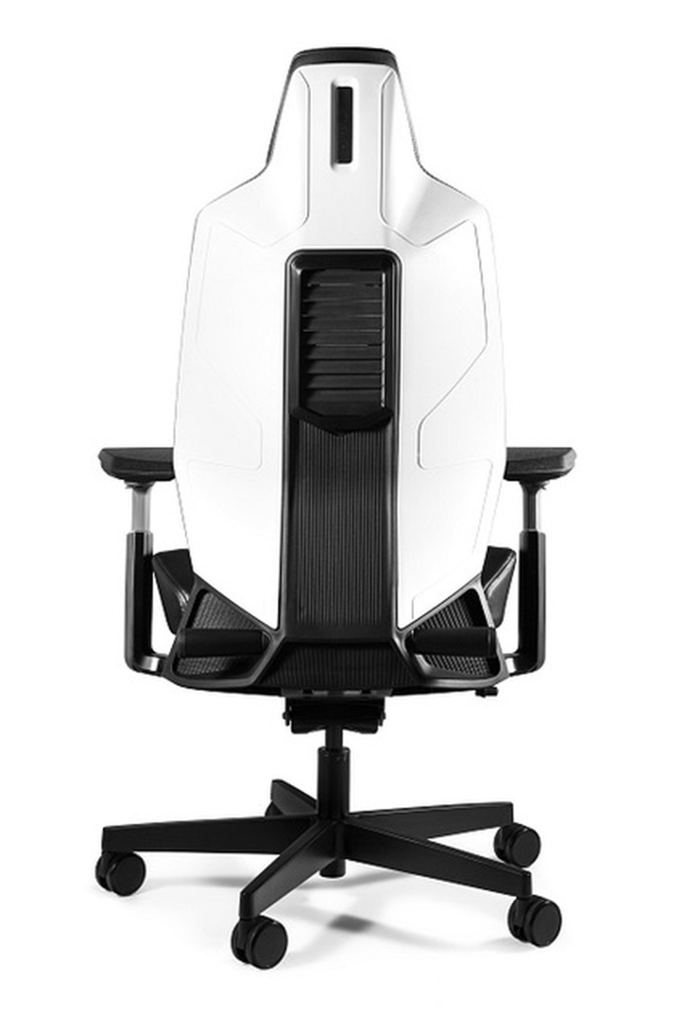 Widok z tyłu białego i czarnego fotela gamingowego z kółkami.