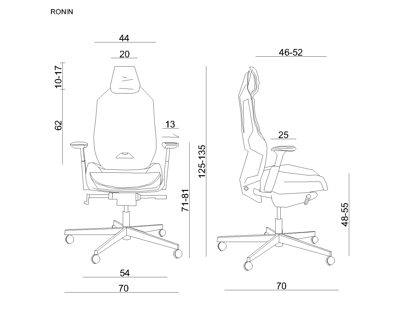 Rysunek techniczny krzesła biurowego z wymiarami.