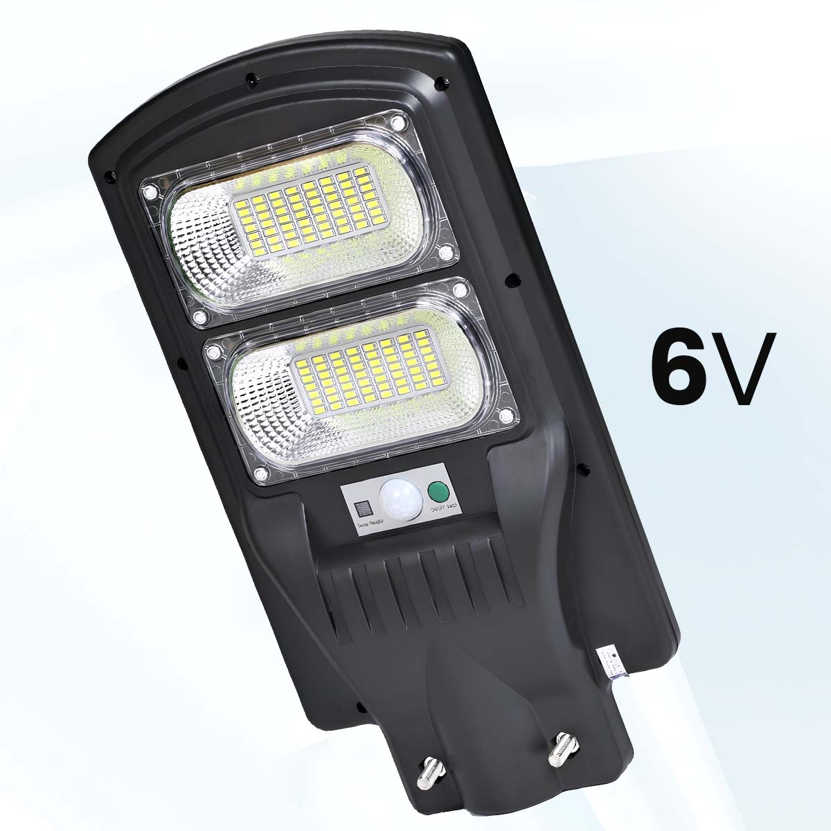 Schwarze 6V Solarleuchte mit zwei LED-Paneelen und Bewegungssensor.