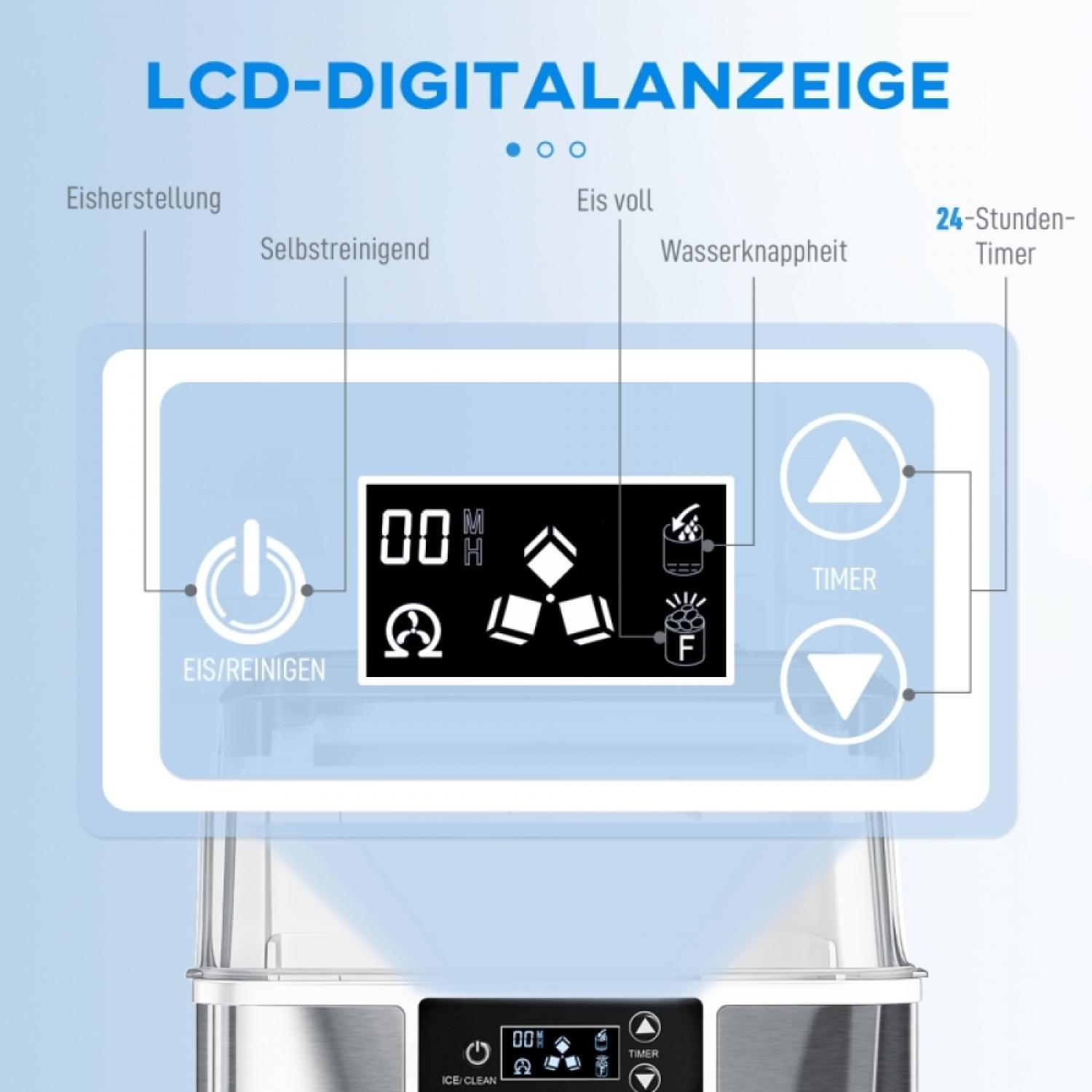LCD-Digitalanzeige mit Symbolen für Eisherstellung, Selbstreinigung, Eis voll, Wasserknappheit und Timer.