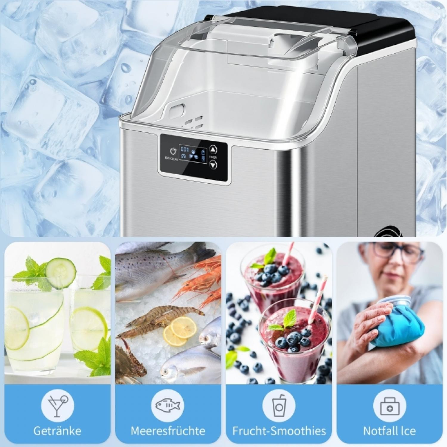 Ein Eisbereiter, daneben Getränke, Meeresfrüchte, Smoothies und Eisbeutel.