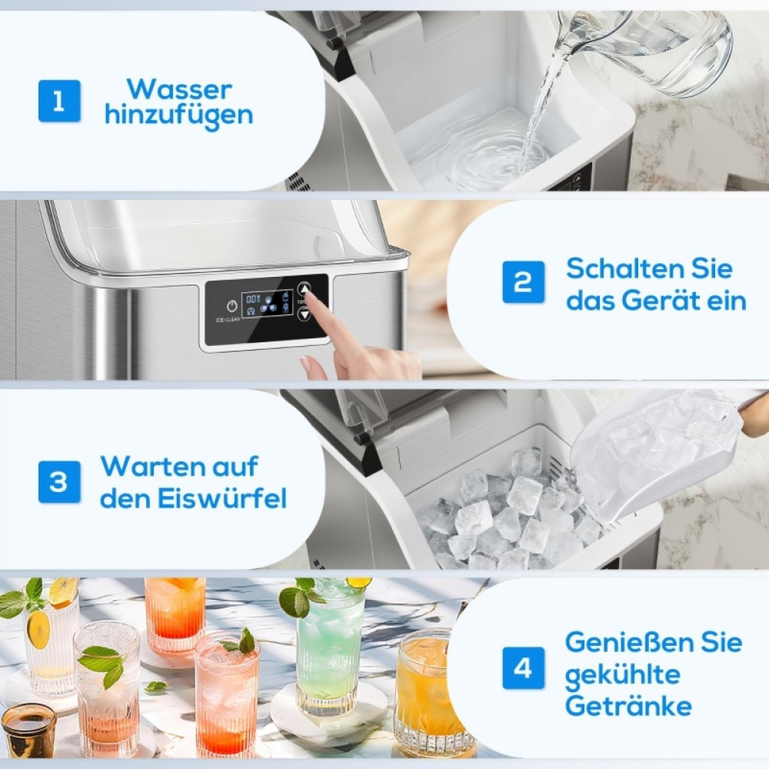 Schritte zur Eisherstellung: Wasser einfüllen, Gerät einschalten, Eiswürfel warten, Getränke genießen.