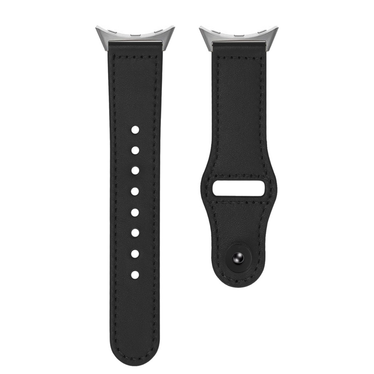 Zwei schwarze Lederarmbänder mit silbernen Anschlüssen auf weißem Hintergrund.