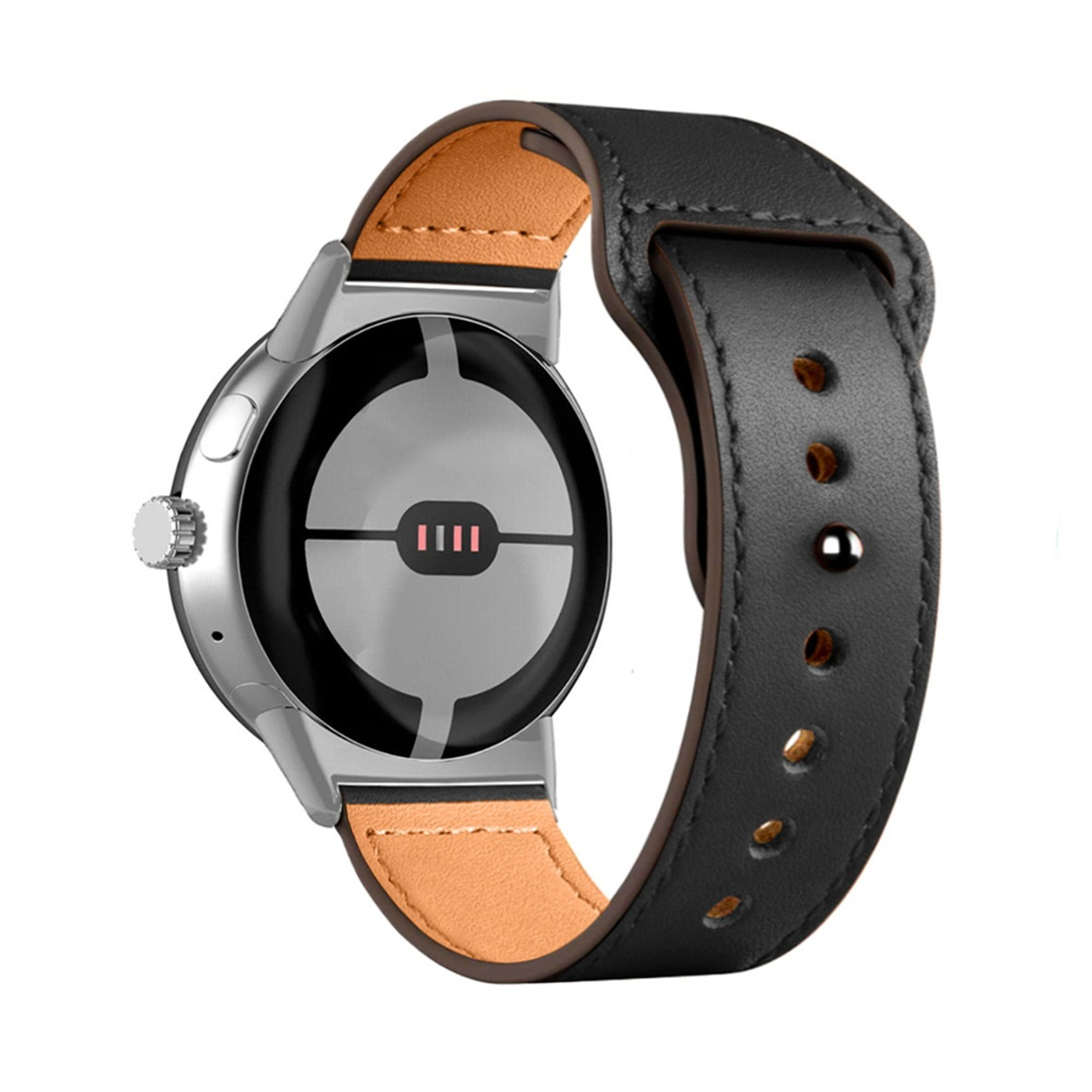 Eine silberne Smartwatch mit schwarzem Lederarmband und braunem Futter. Die Rückseite zeigt einen Sensor.