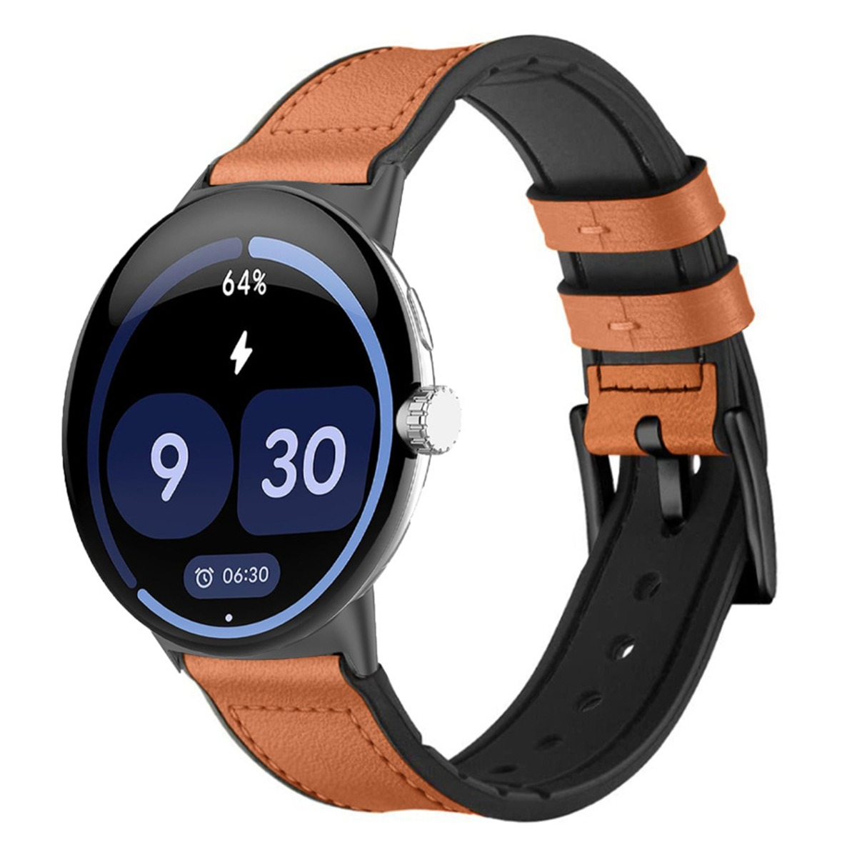Uno smartwatch con cinturino in pelle marrone e fascia nera.
