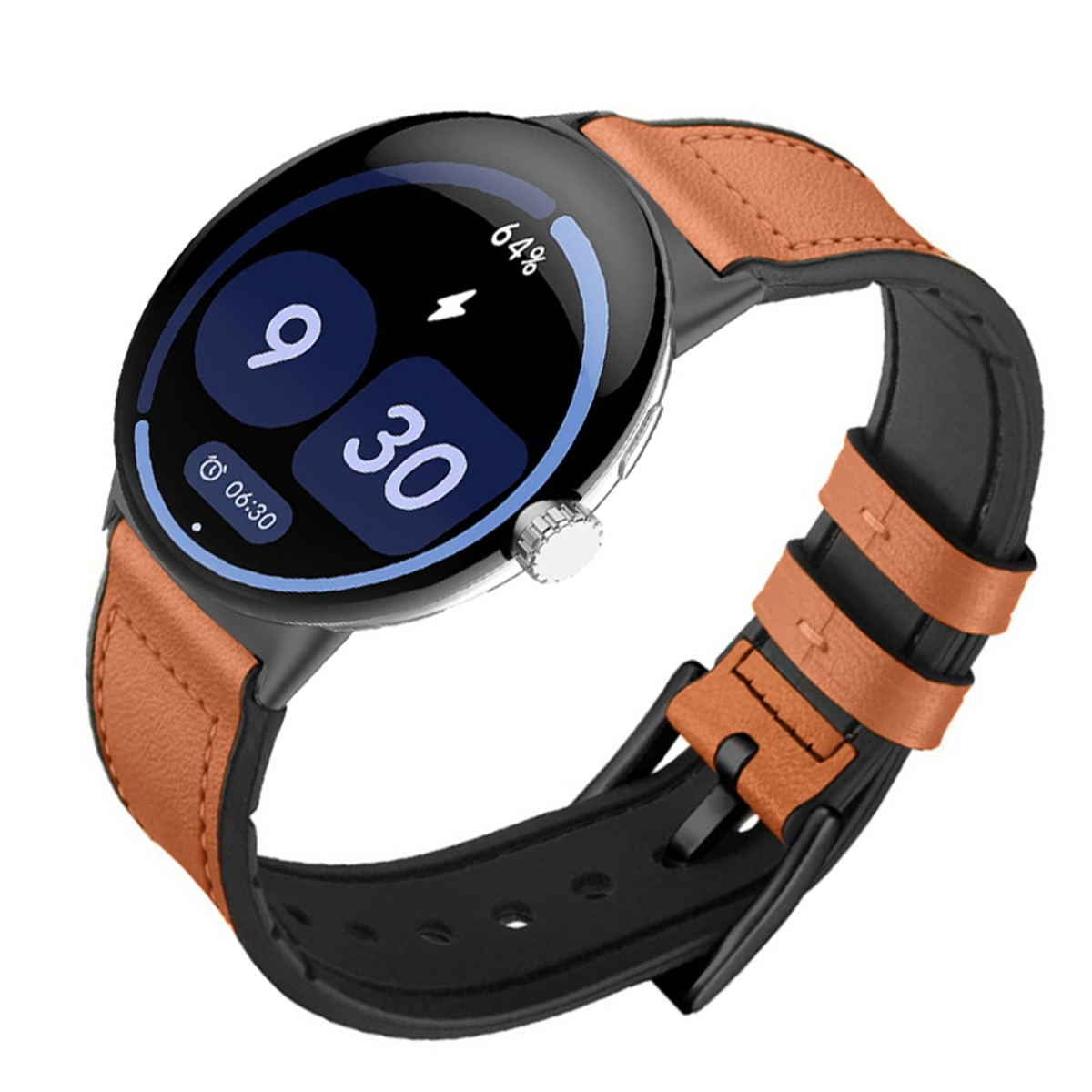 Uno smartwatch con cinturino in pelle marrone mostra le 9:30 e il 64% di batteria.