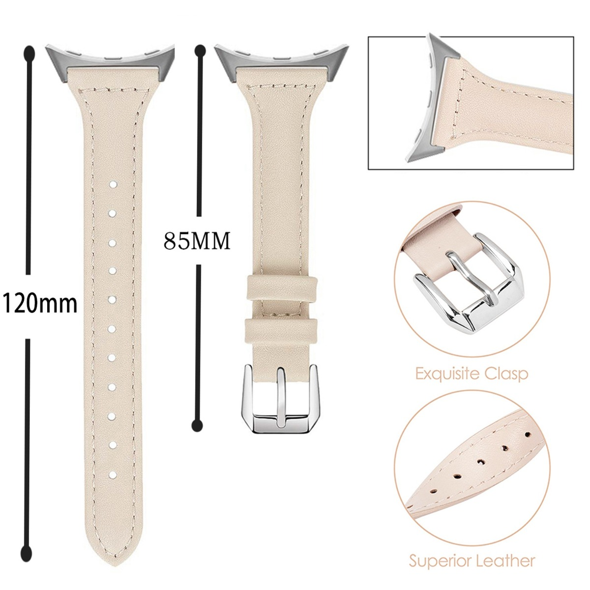 Eine beige Lederarmbanduhr mit silberner Schnalle, 120mm und 85mm.
