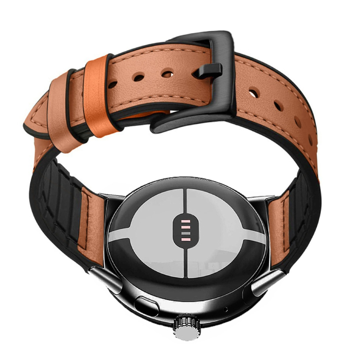 Cinturino in pelle marrone su uno smartwatch rotondo con cassa e quadrante neri.