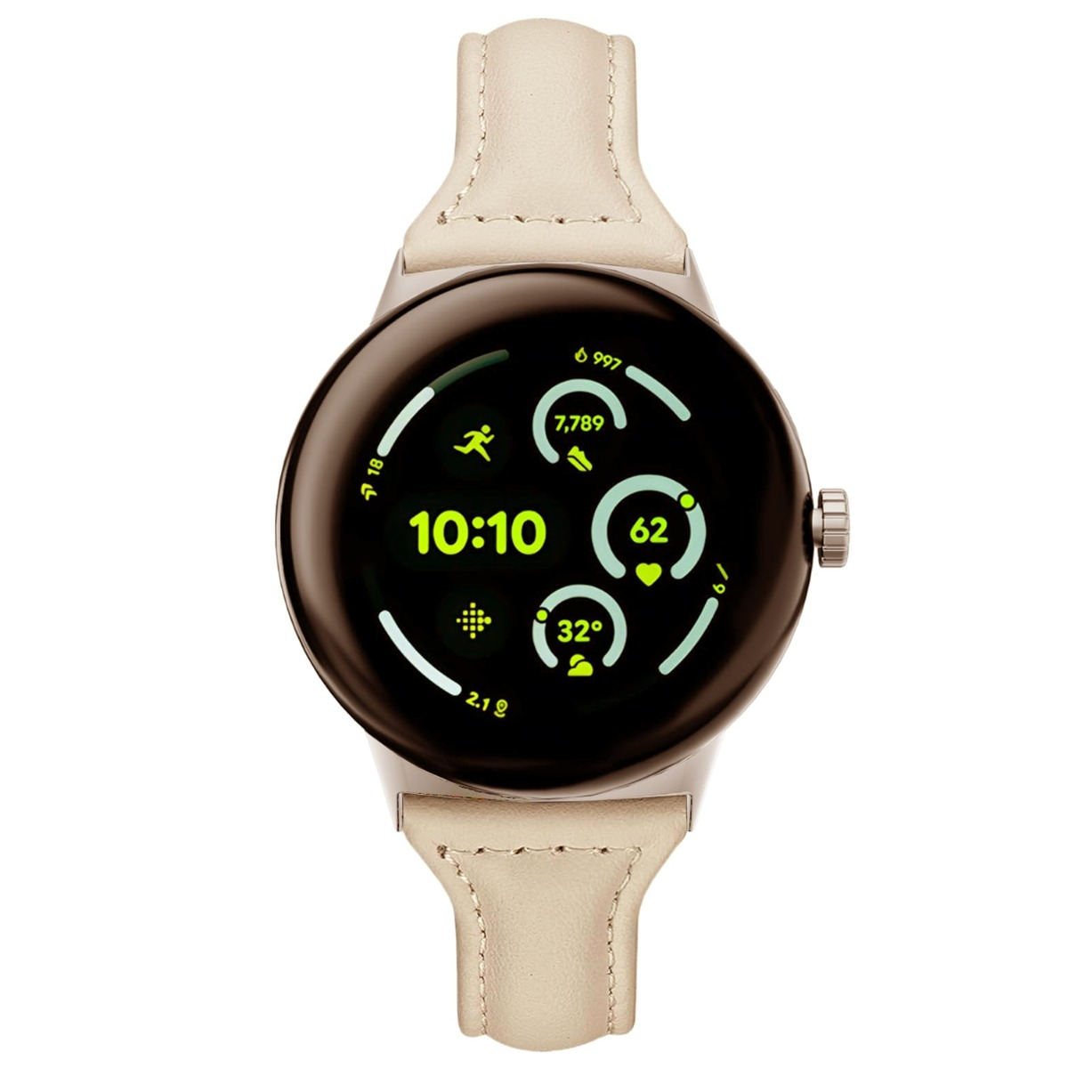Eine runde Smartwatch mit hellem Lederarmband und digitaler Anzeige.