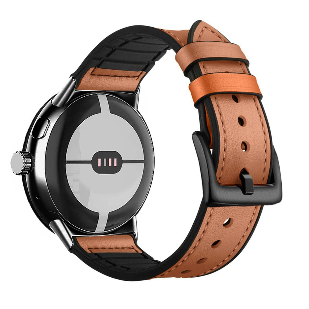 Uno smartwatch con cinturino in pelle marrone e inserto nero.