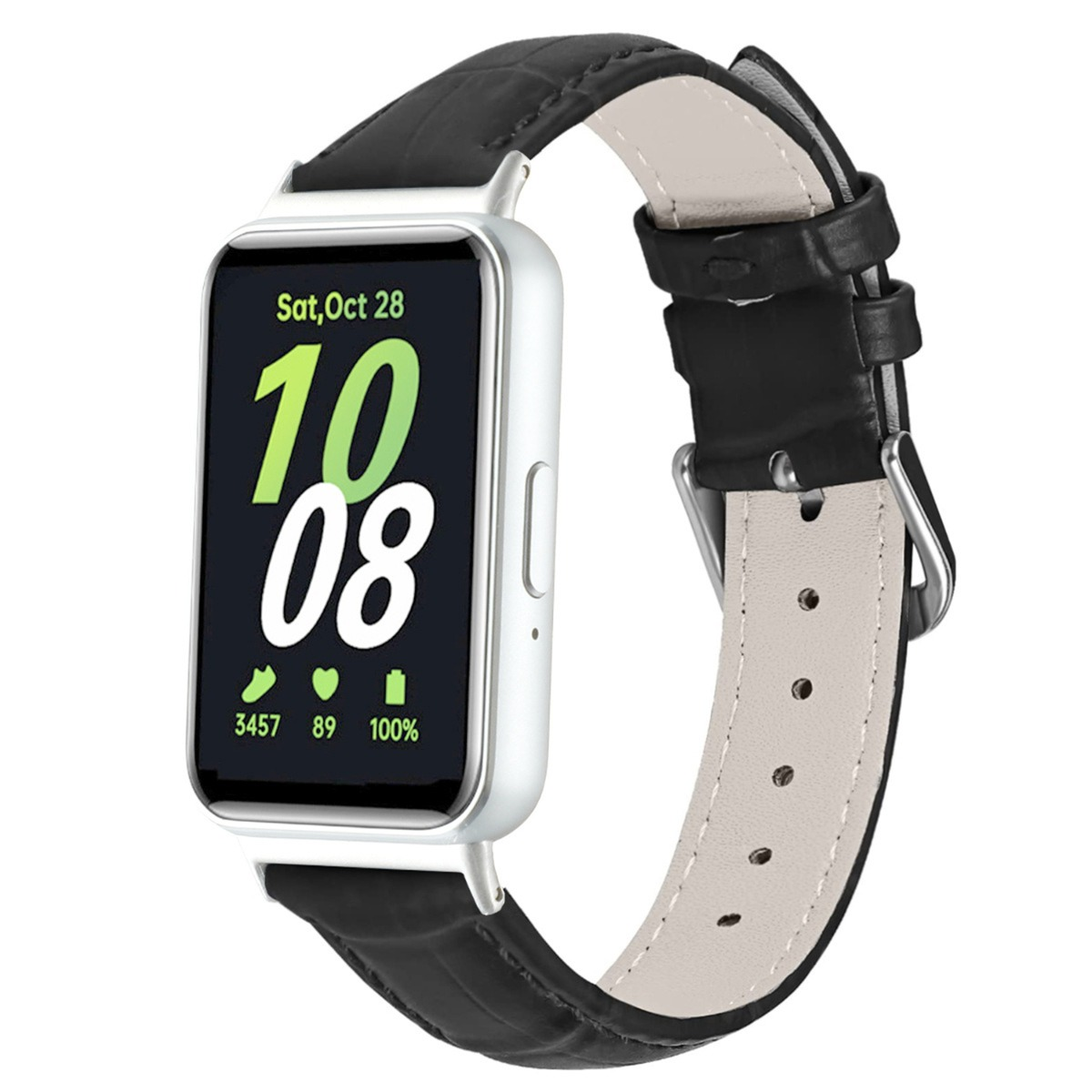 Silberne Smartwatch mit schwarzem Lederarmband, zeigt Zeit 10:08 an.