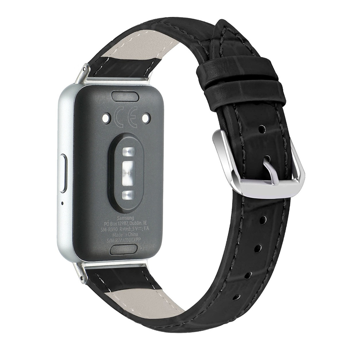 Rückseite einer Smartwatch mit schwarzem Lederarmband und Metallschnalle.