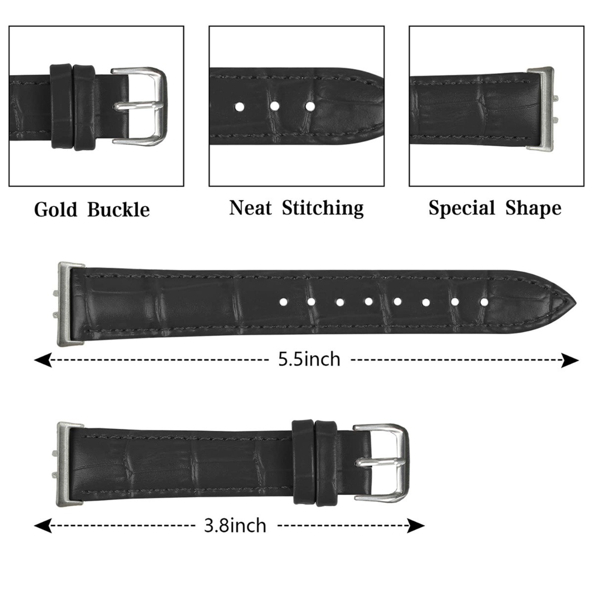 Schwarzes Lederarmband mit Schnalle, Nähten und Längenangaben.