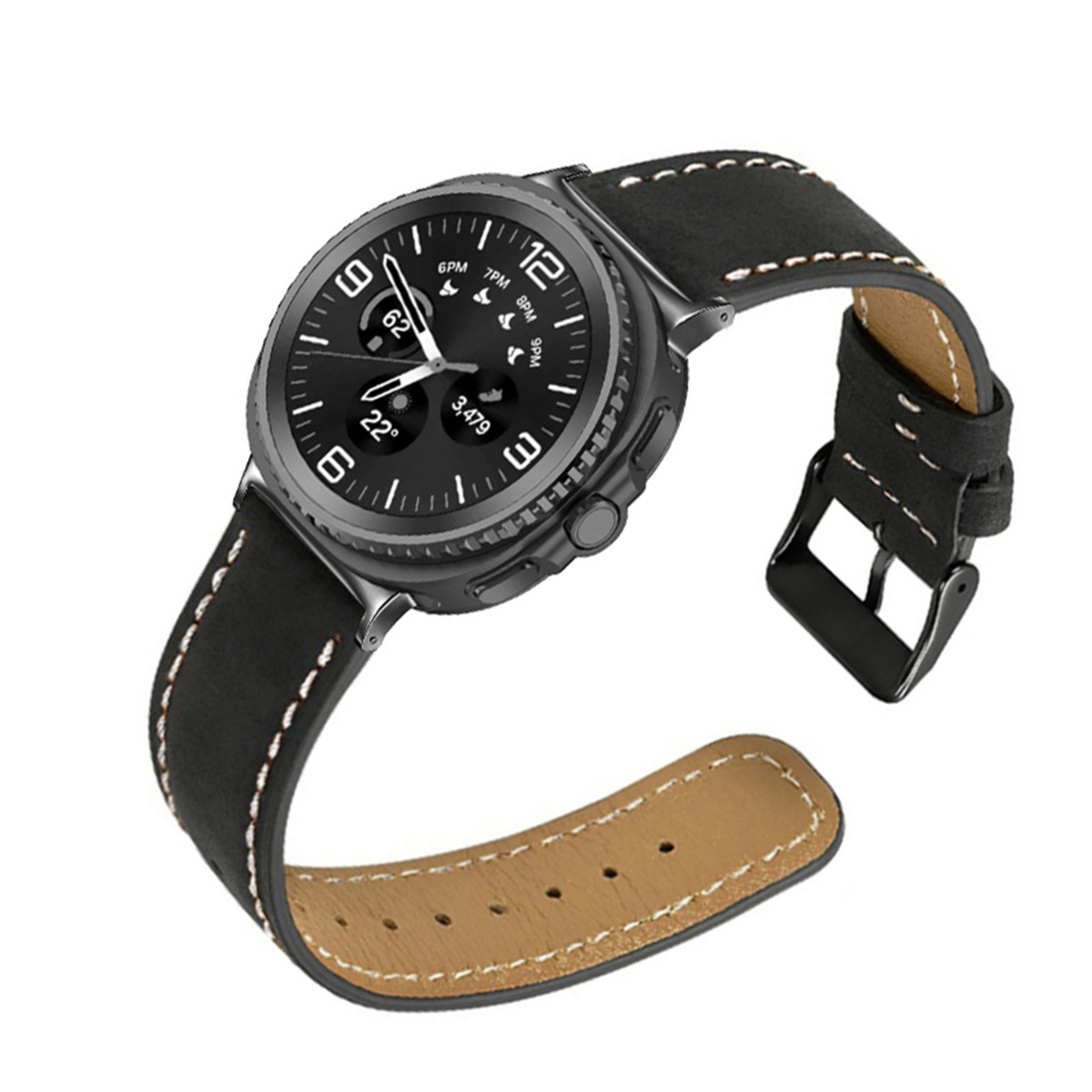 Schwarze Smartwatch mit Lederarmband und Schnalle auf weißem Hintergrund.