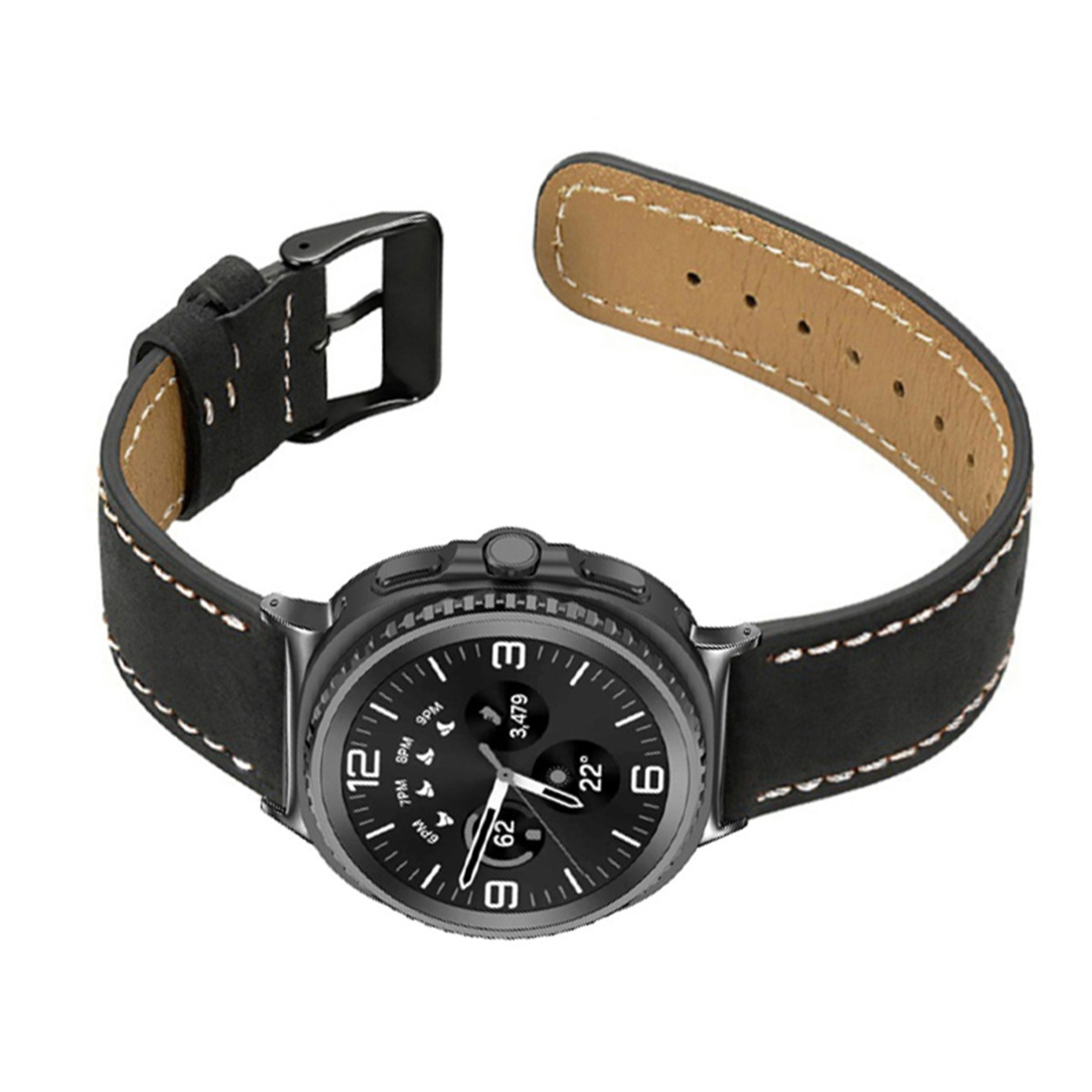 Eine schwarze Smartwatch mit Lederarmband auf weißem Hintergrund.